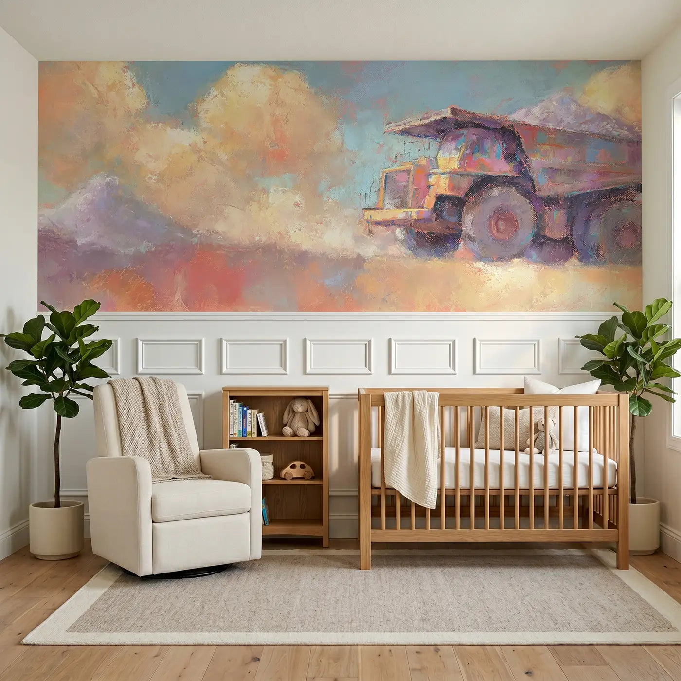 Soft Pastel dump truck gravel wainscoting wallpaper for nursery by Whimsy Tots.