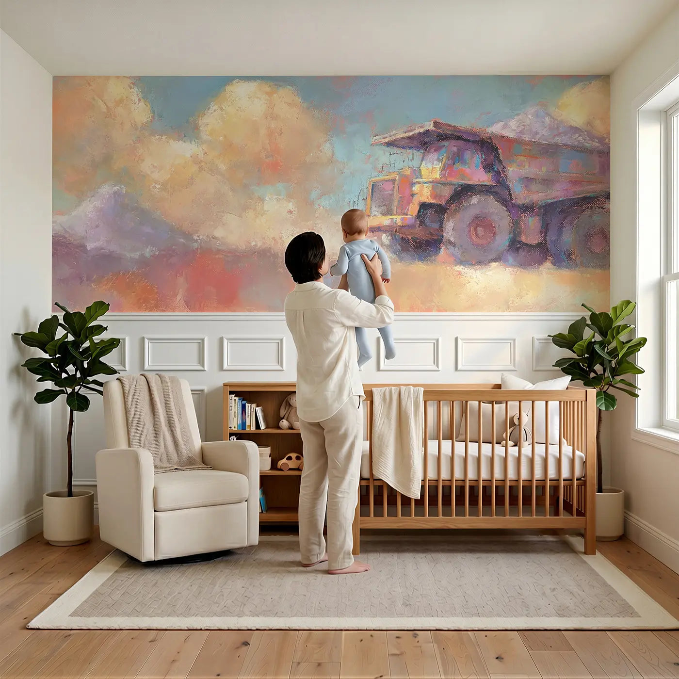 Child reading near Chalk Dump Truck Gravel Soft Wainscoting Wallpaper by Whimsy Tots