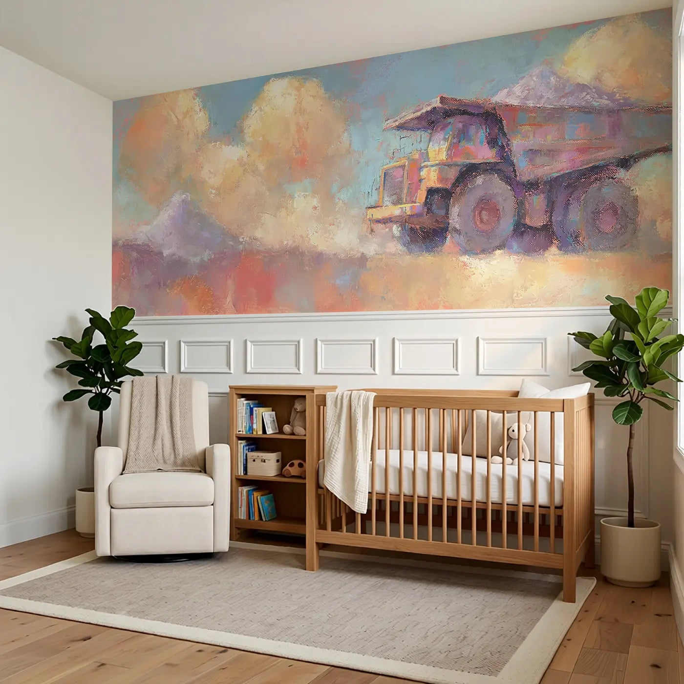 Chalk Dump Truck Gravel Soft Wainscoting Wallpaper styled in a kids bedroom by Whimsy Tots