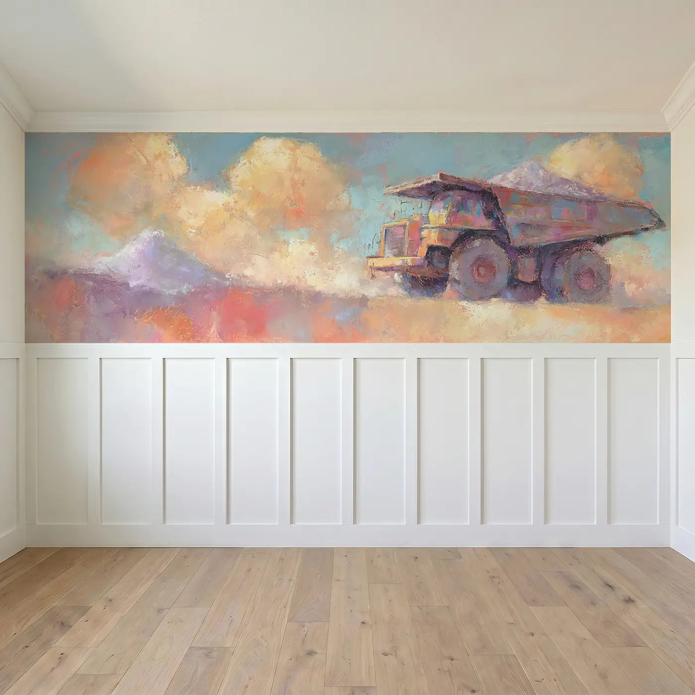 Full panel view of Chalk Dump Truck Gravel Soft Wainscoting Wallpaper by Whimsy Tots
