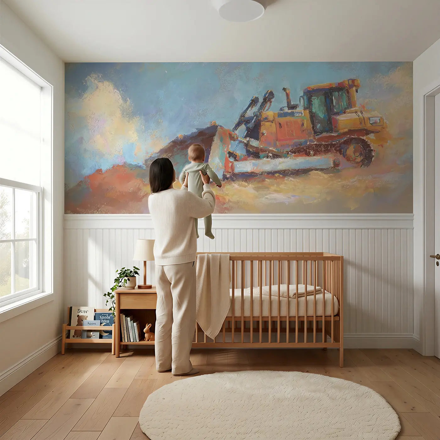 Child reading near Pastel Bulldozer Dirt Pile Wainscoting Wallpaper by Whimsy Tots
