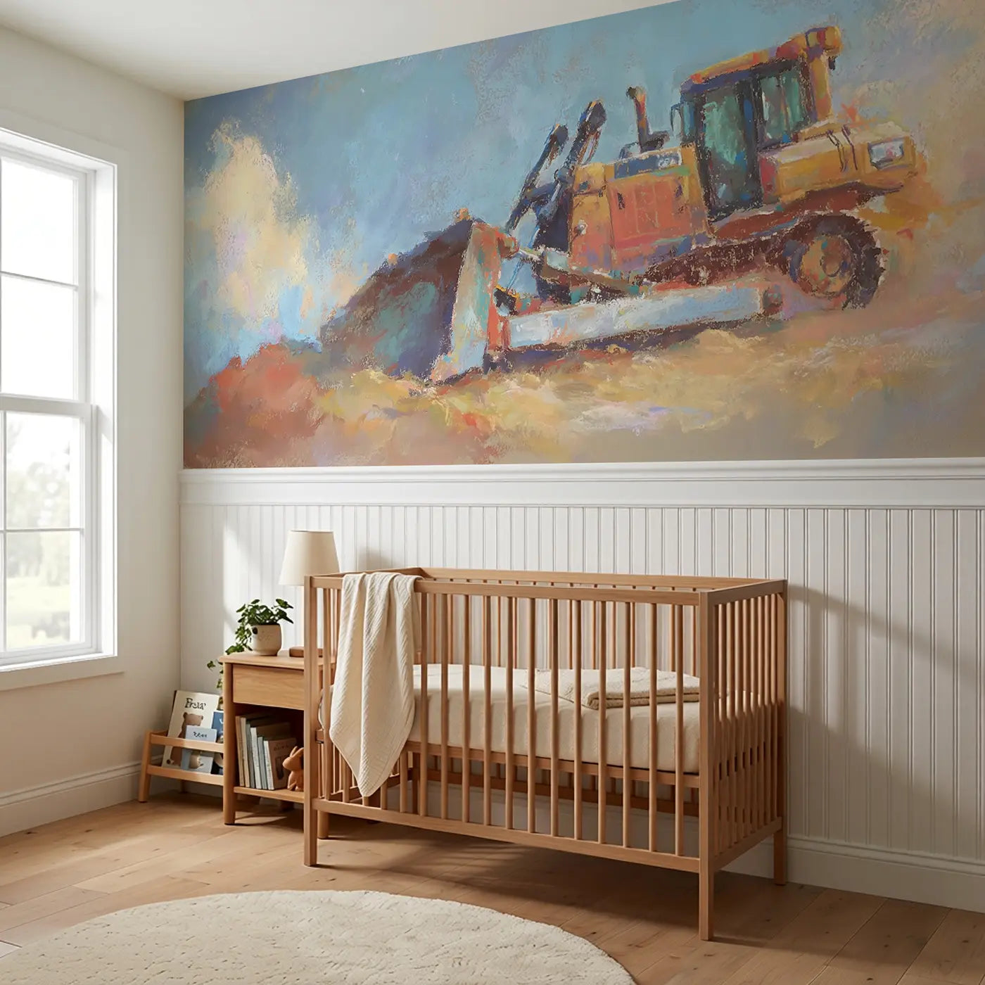 Pastel Bulldozer Dirt Pile Wainscoting Wallpaper styled in a kids bedroom by Whimsy Tots