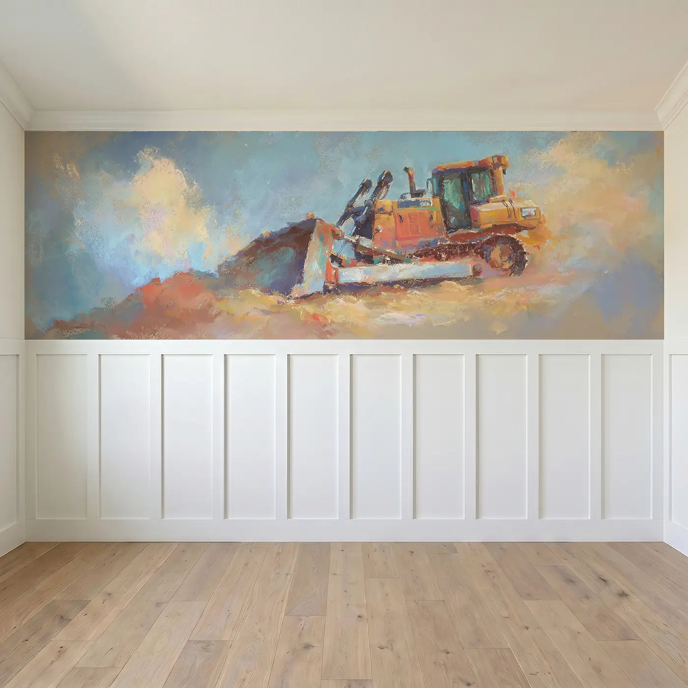 Full panel view of Pastel Bulldozer Dirt Pile Wainscoting Wallpaper by Whimsy Tots