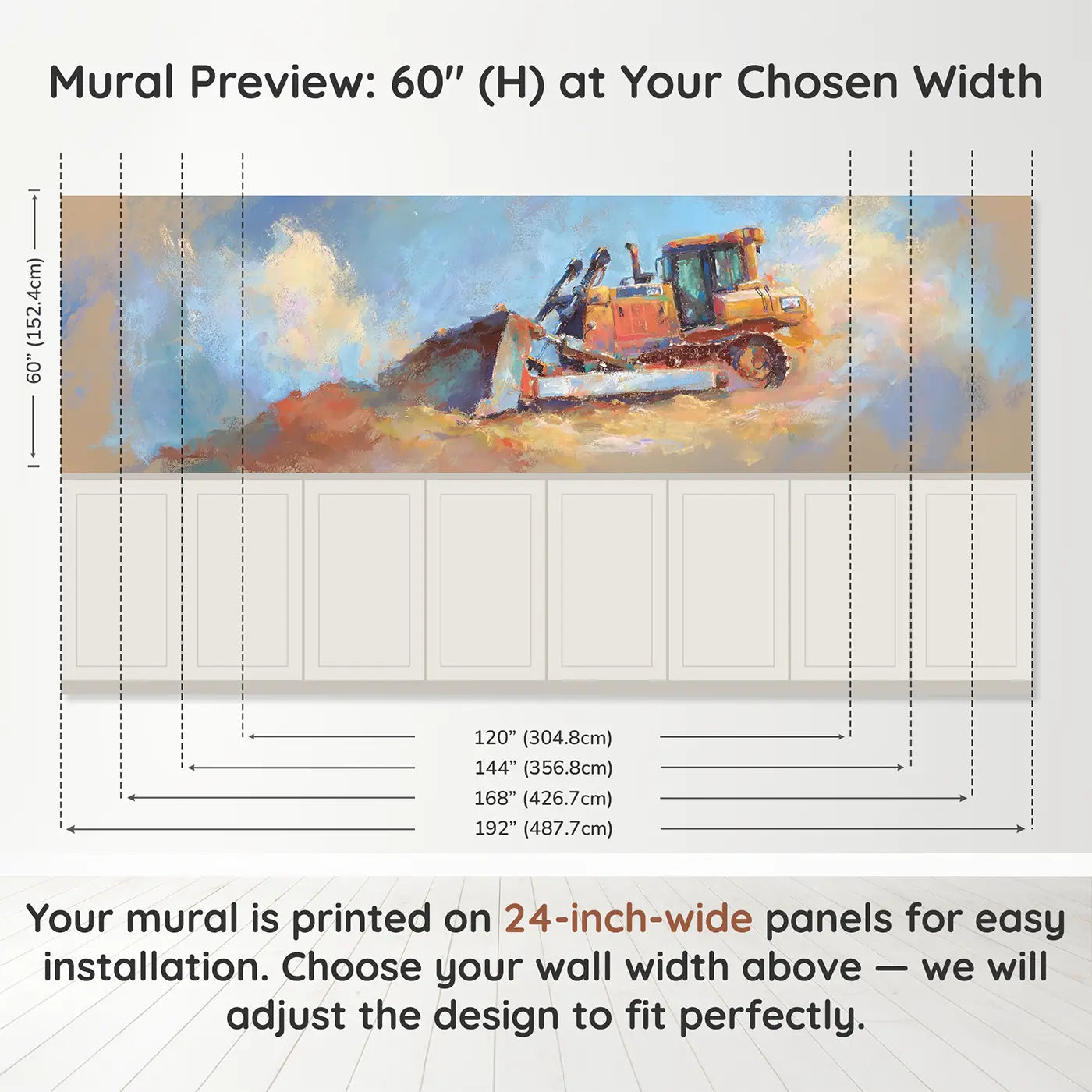 Panel dimensions for Pastel Bulldozer Dirt Pile Wainscoting Wallpaper by Whimsy Tots