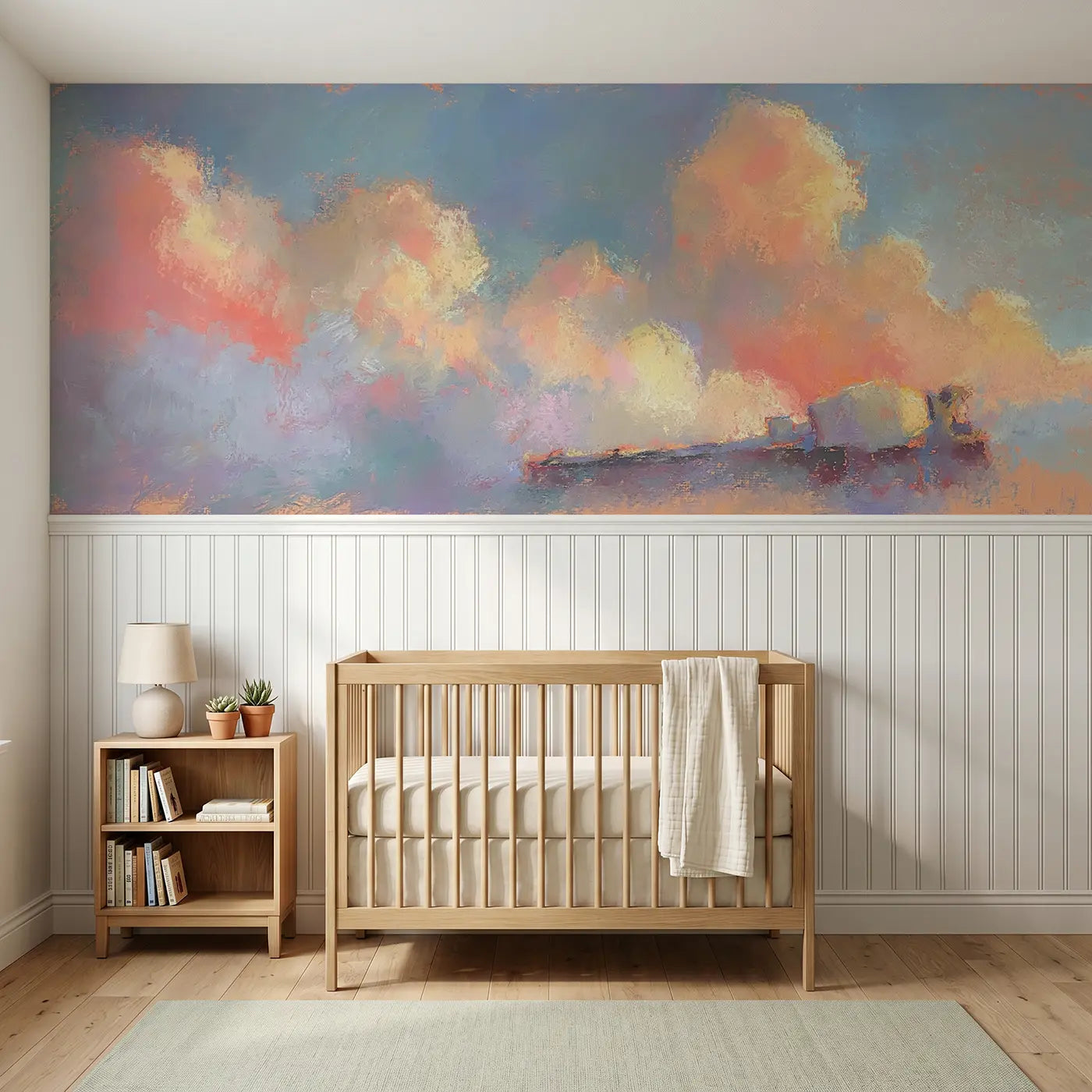 Soft Pastel cement mixer bright wainscoting wallpaper for nursery by Whimsy Tots.