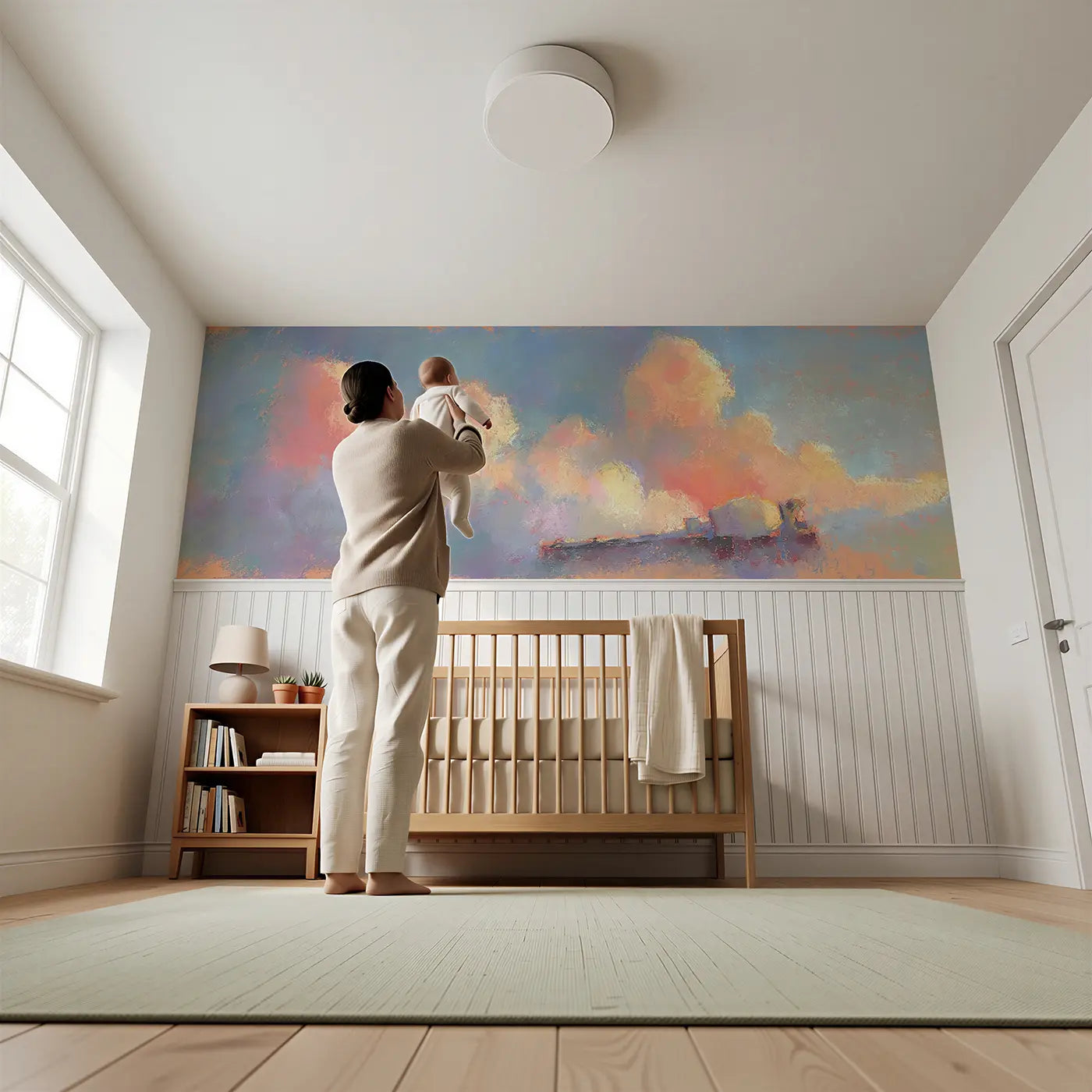 Child reading near Fuzzy Cement Mixer Bright Wainscoting Wallpaper by Whimsy Tots