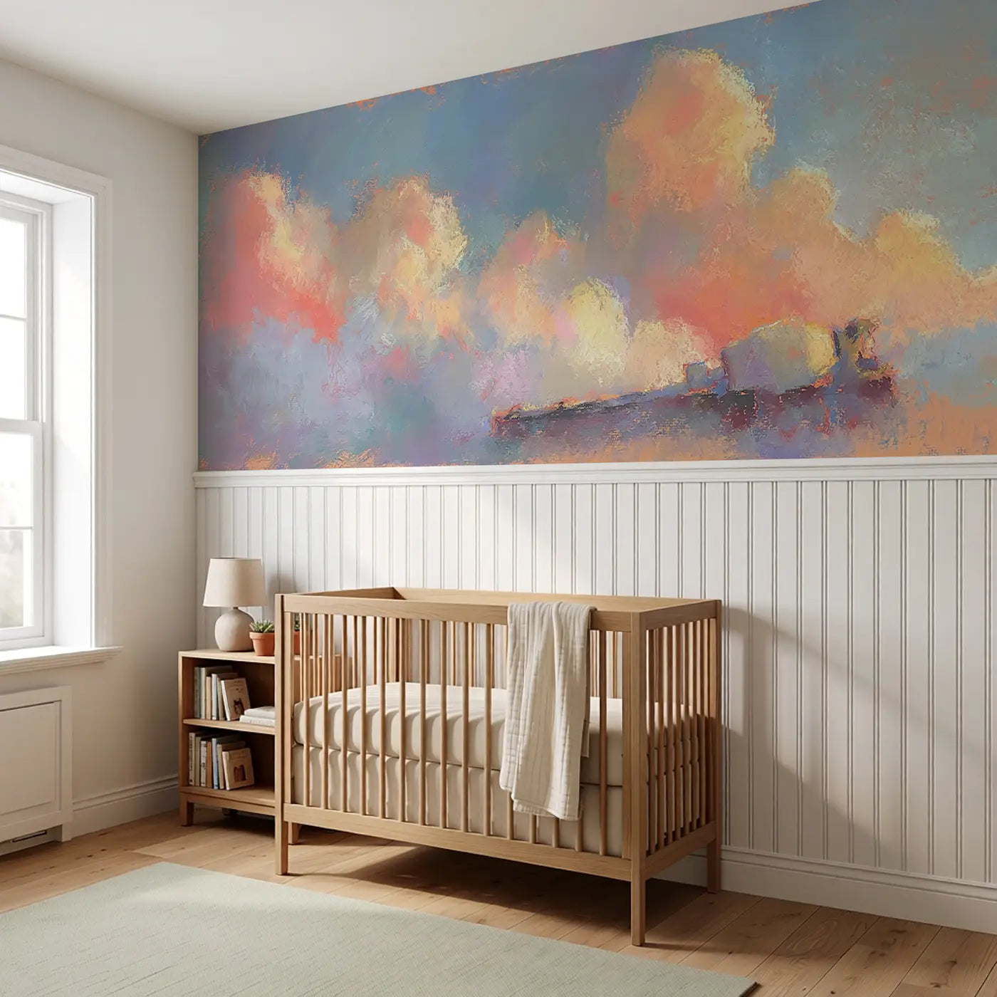Fuzzy Cement Mixer Bright Wainscoting Wallpaper styled in a kids bedroom by Whimsy Tots