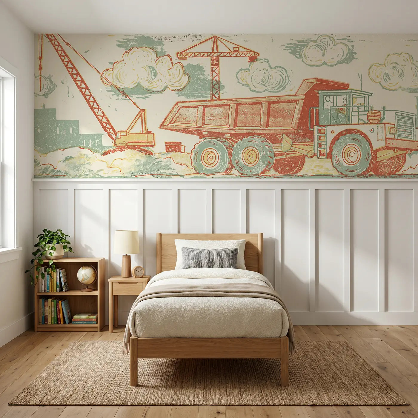 Block Print truck worksite band wainscoting wallpaper for bedroom by Whimsy Tots.