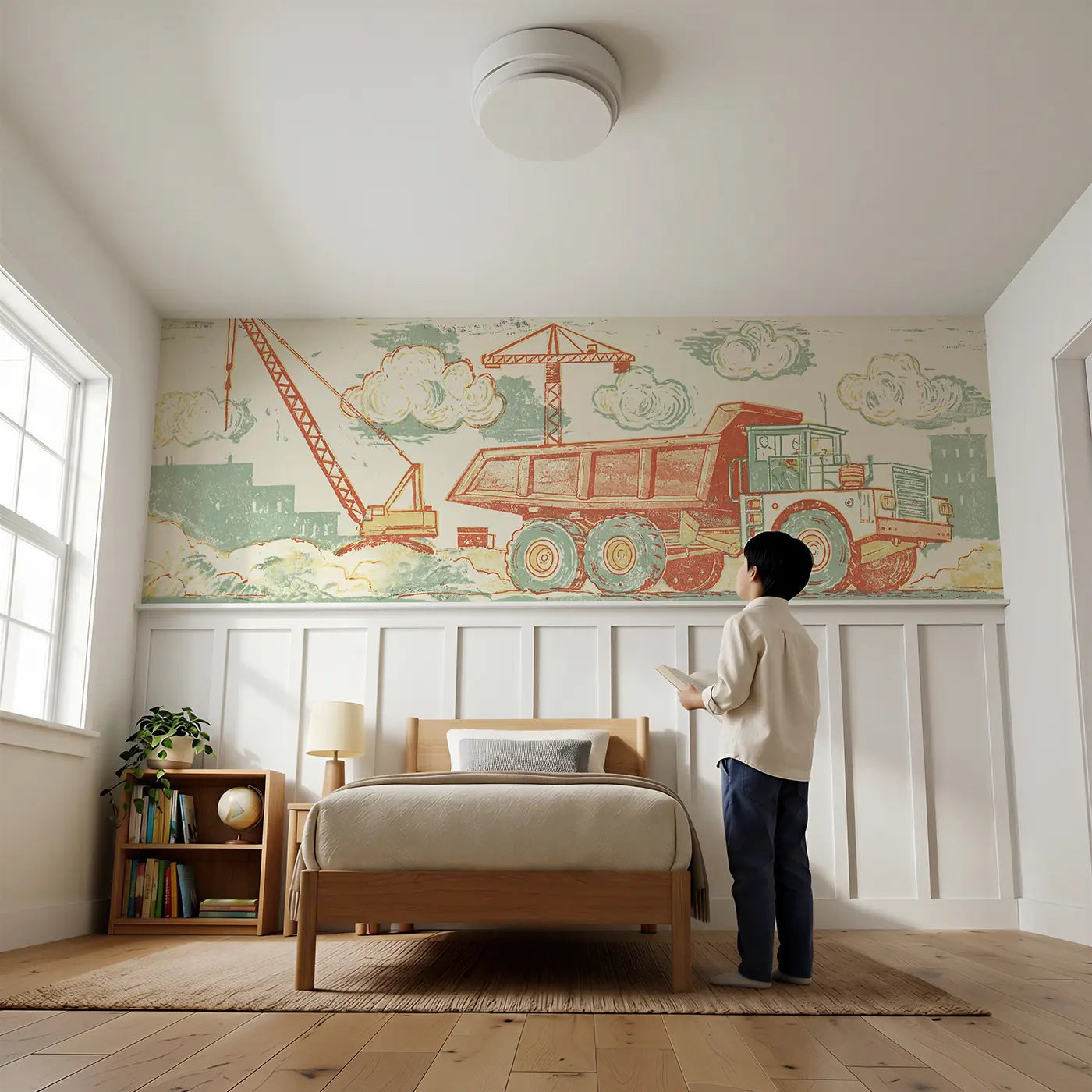 Child reading near Carved Truck Worksite Band Wainscoting Wallpaper by Whimsy Tots