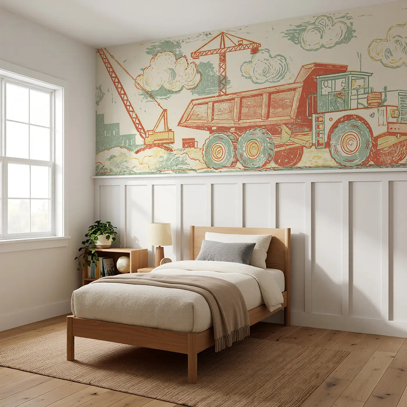 Carved Truck Worksite Band Wainscoting Wallpaper styled in a kids bedroom by Whimsy Tots