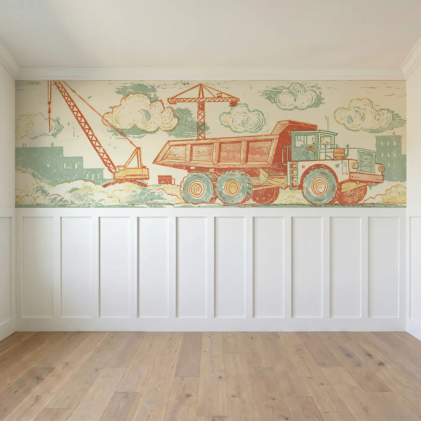 Full panel view of Carved Truck Worksite Band Wainscoting Wallpaper by Whimsy Tots