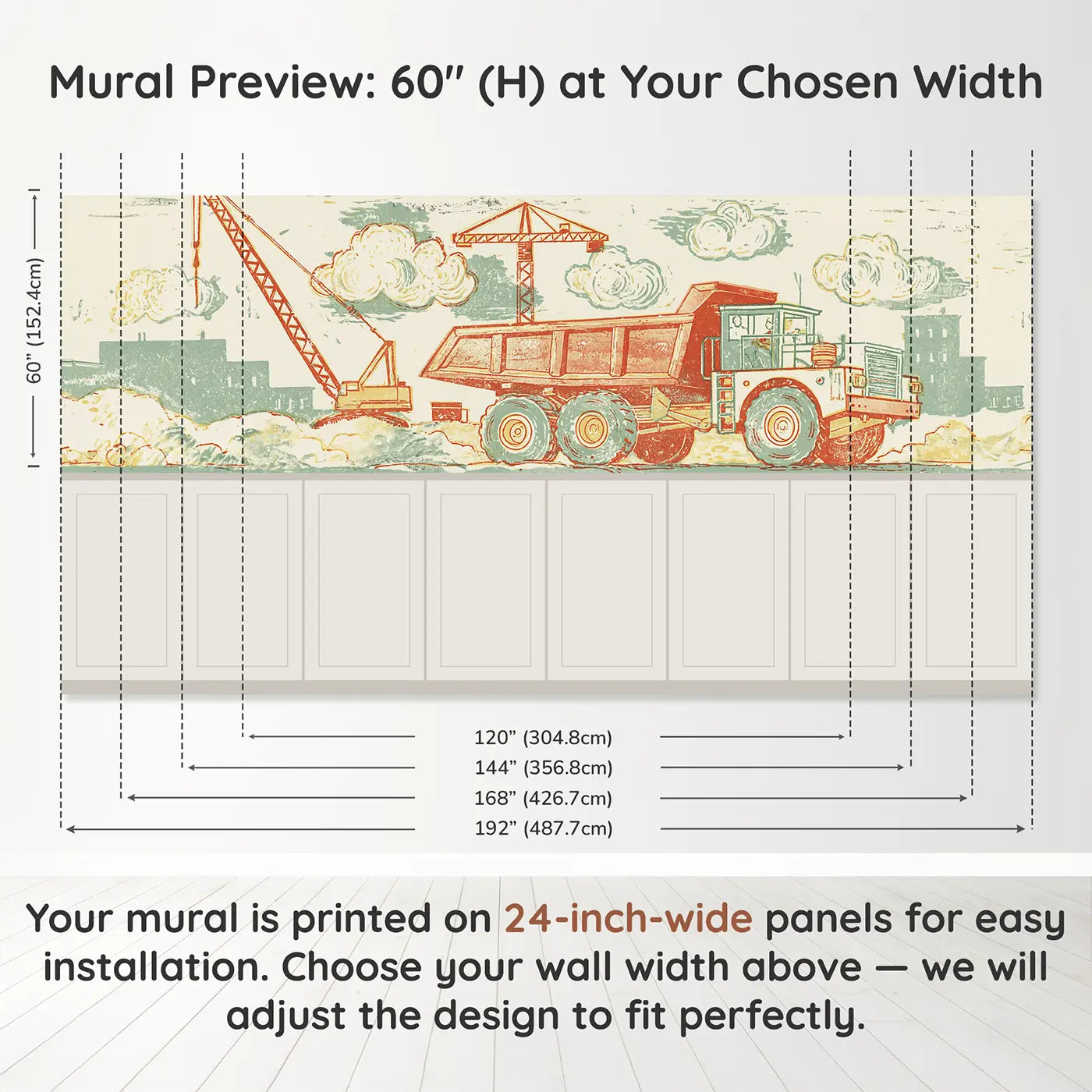 Panel dimensions for Carved Truck Worksite Band Wainscoting Wallpaper by Whimsy Tots