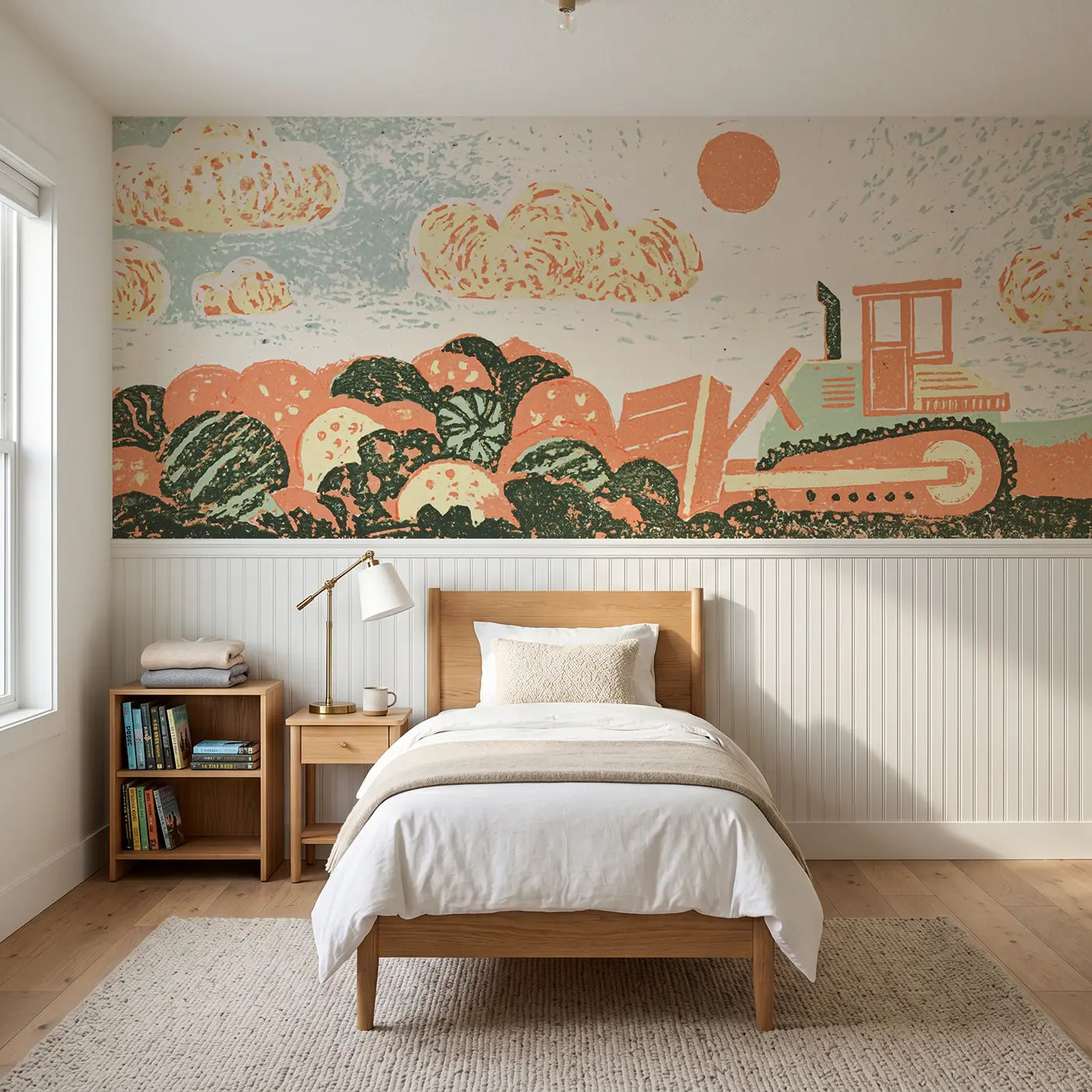 Block Print bulldozer dirt wainscoting wallpaper for bedroom by Whimsy Tots.