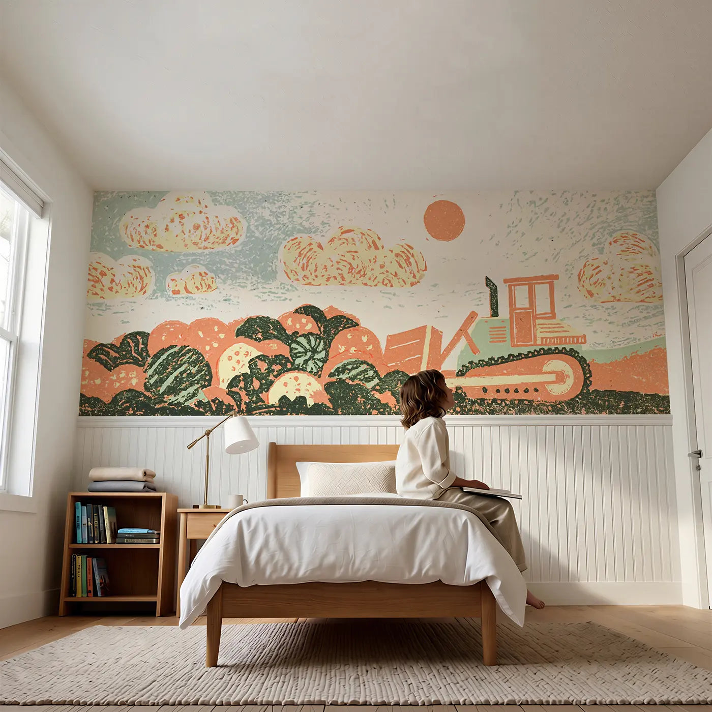 Child reading near Block Print Bulldozer Dirt Wainscoting Wallpaper by Whimsy Tots