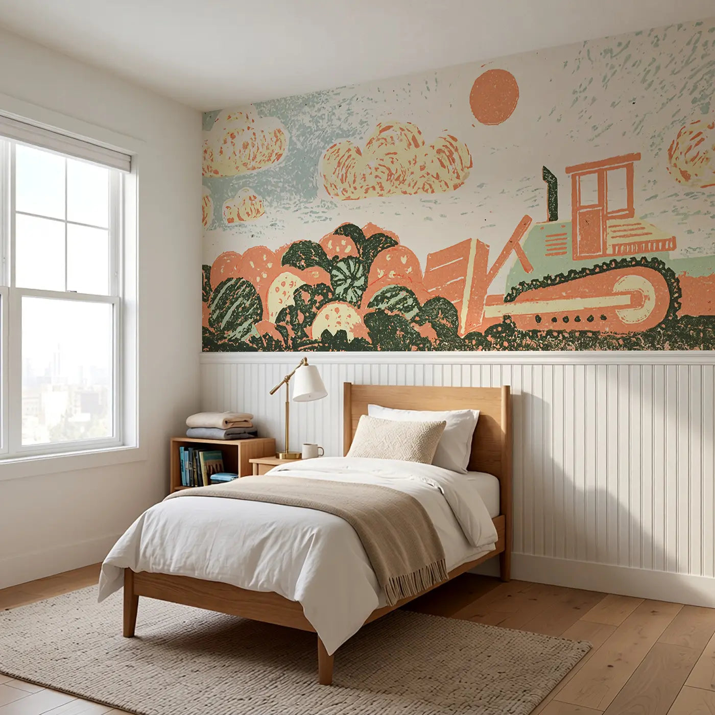 Block Print Bulldozer Dirt Wainscoting Wallpaper styled in a kids bedroom by Whimsy Tots
