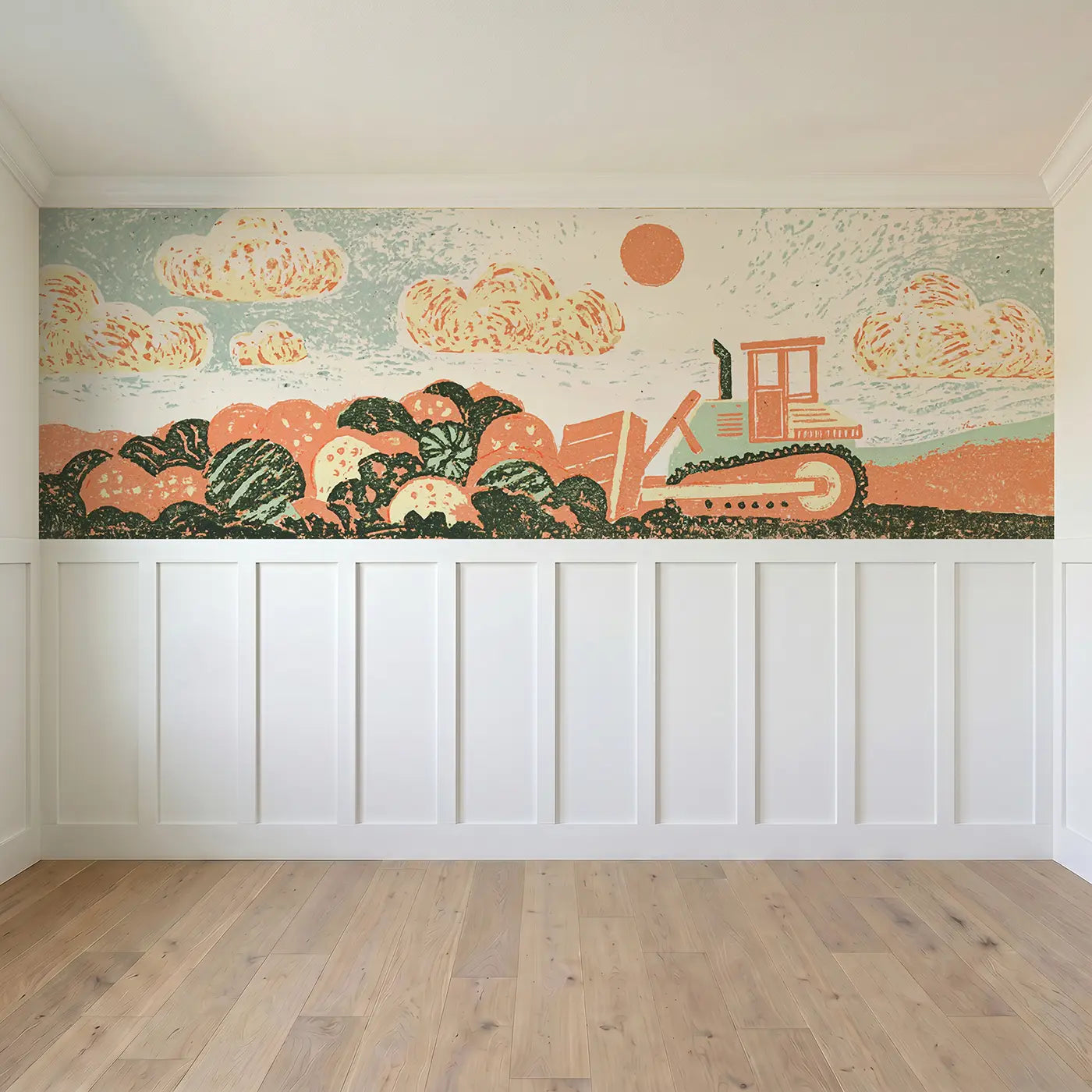 Full panel view of Block Print Bulldozer Dirt Wainscoting Wallpaper by Whimsy Tots