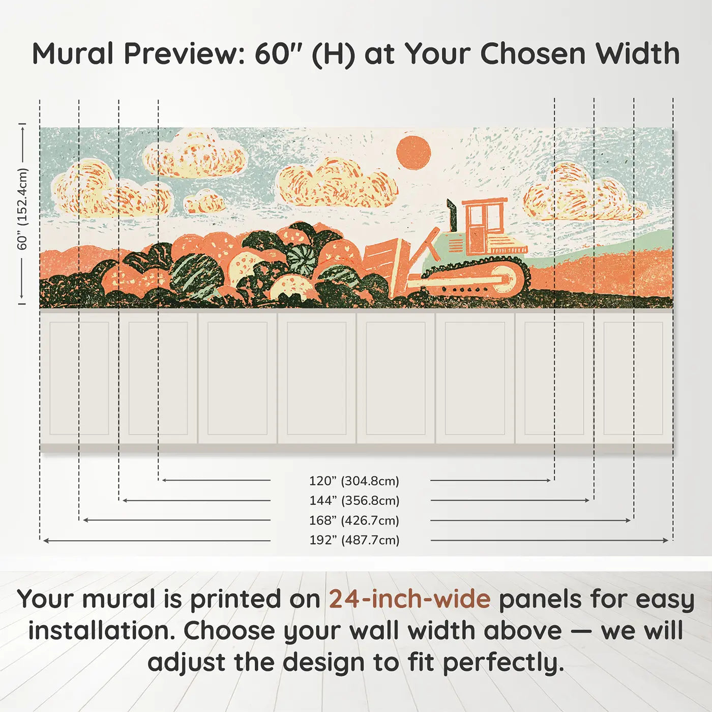 Panel dimensions for Block Print Bulldozer Dirt Wainscoting Wallpaper by Whimsy Tots