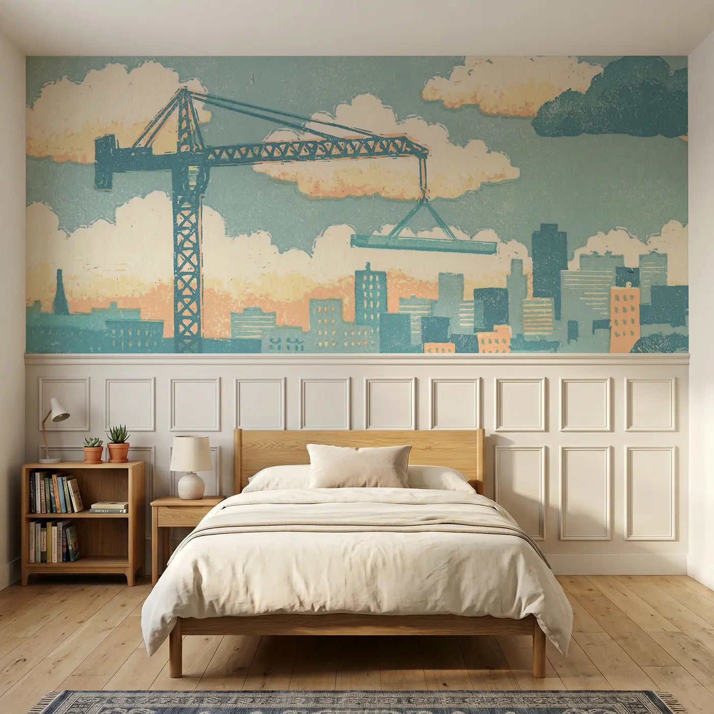 Block Print crane lift folk wainscoting wallpaper for bedroom by Whimsy Tots.