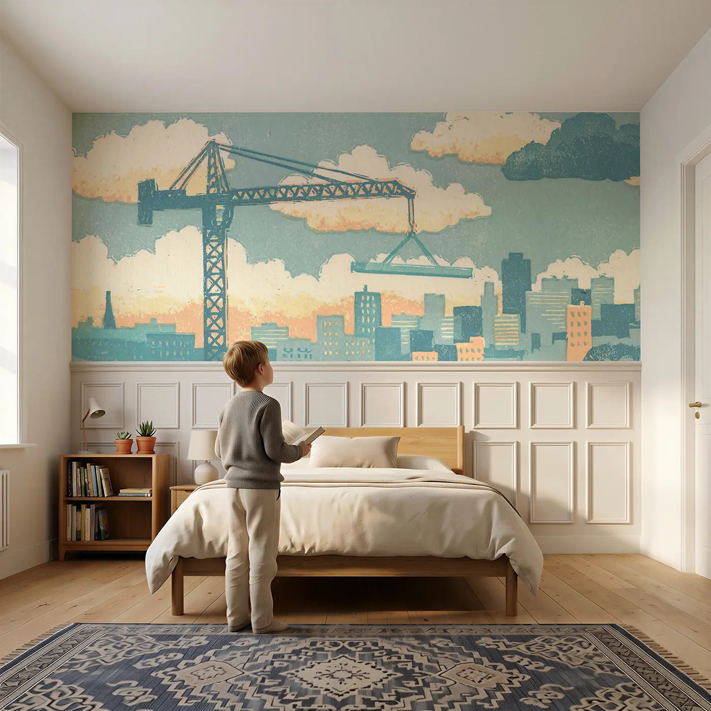 Child reading near Carved Crane Lift Folk Wainscoting Wallpaper by Whimsy Tots