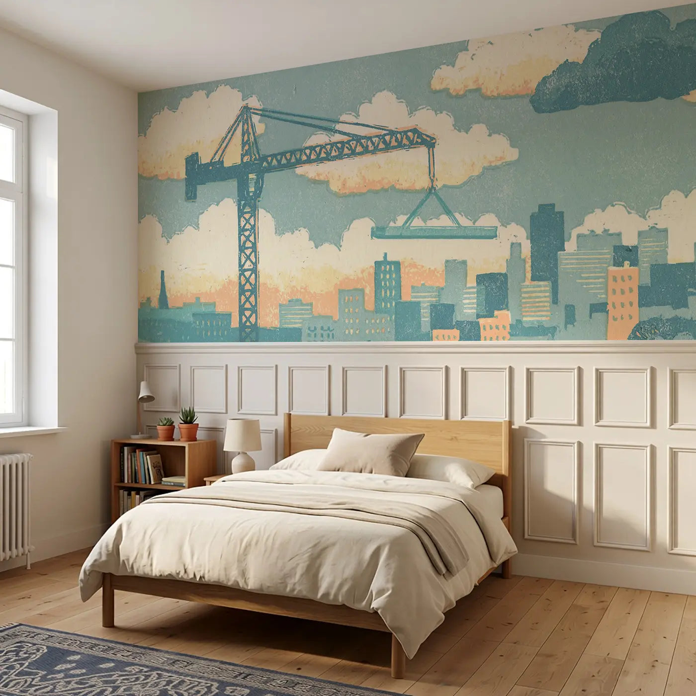Carved Crane Lift Folk Wainscoting Wallpaper styled in a kids bedroom by Whimsy Tots