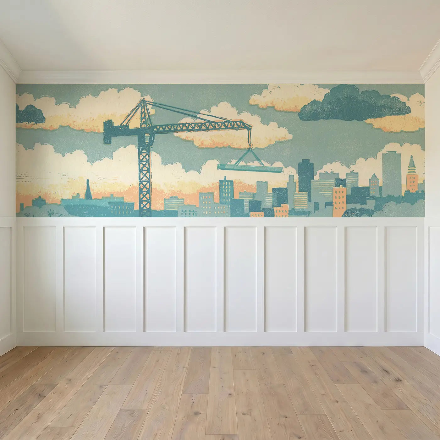 Full panel view of Carved Crane Lift Folk Wainscoting Wallpaper by Whimsy Tots