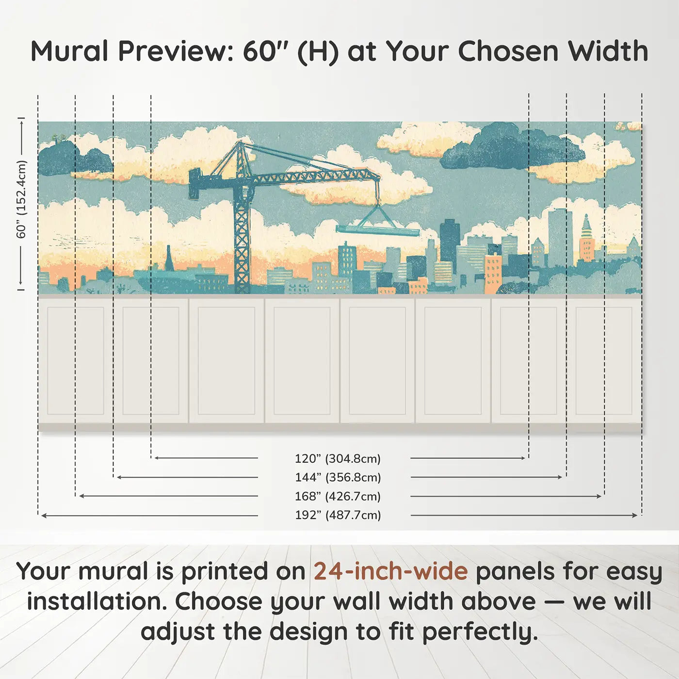 Panel dimensions for Carved Crane Lift Folk Wainscoting Wallpaper by Whimsy Tots