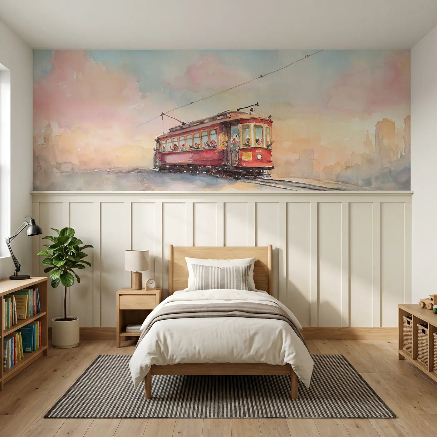Watercolor trolley car downtown morning wainscoting wallpaper for bedroom by Whimsy Tots.