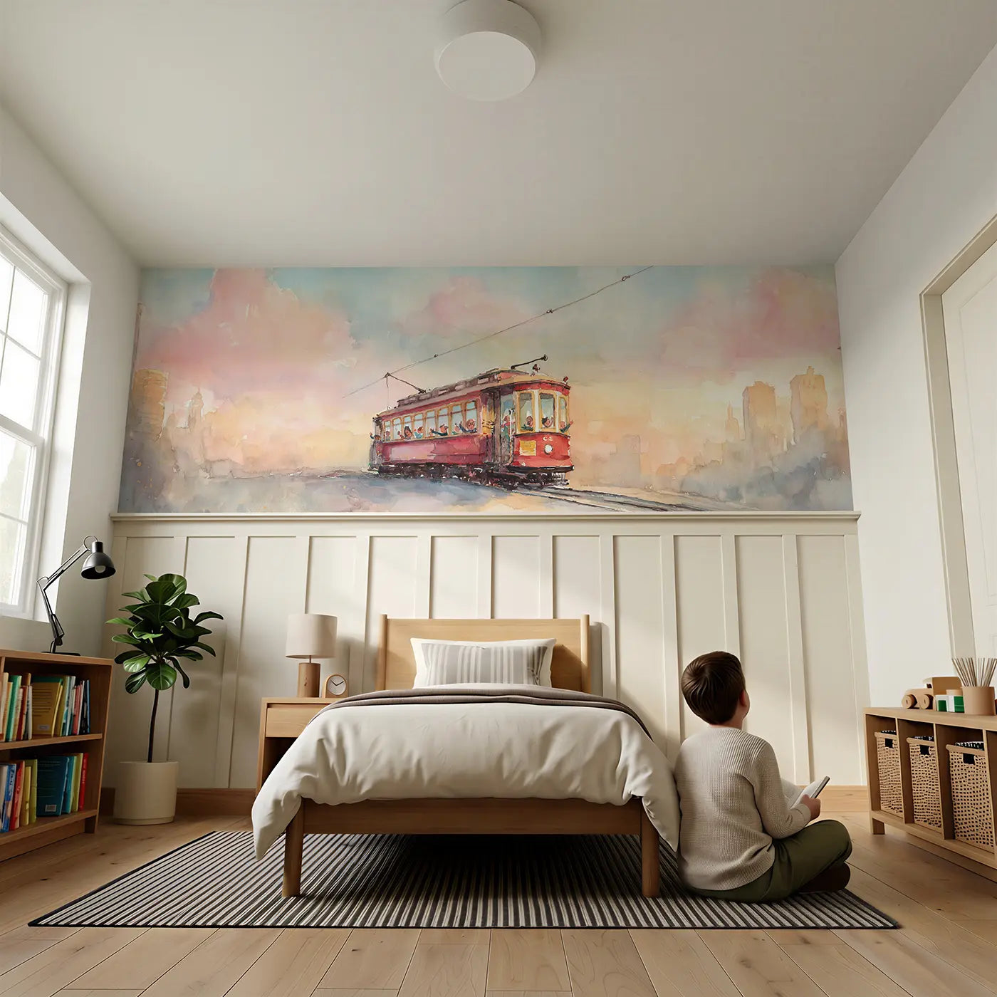 Child reading near Trolley Car Downtown Morning Wainscoting Wallpaper by Whimsy Tots