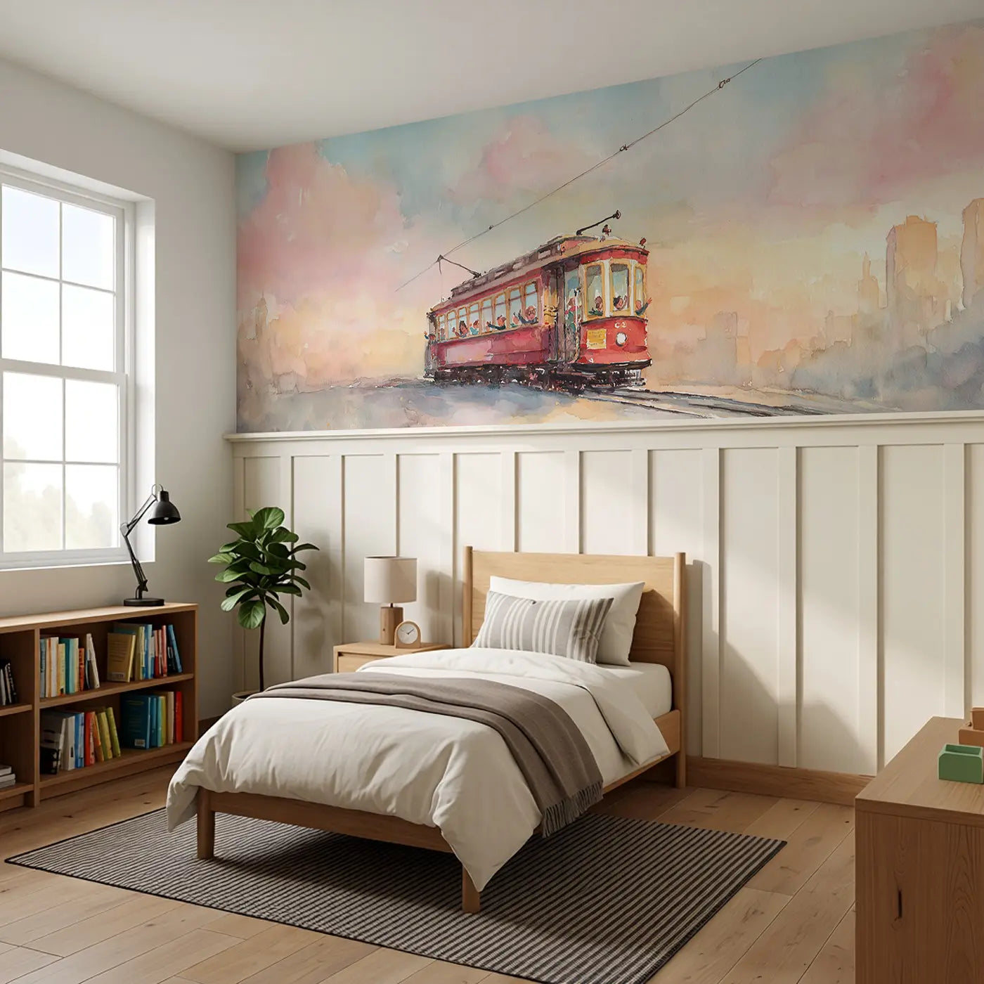 Trolley Car Downtown Morning Wainscoting Wallpaper styled in a kids bedroom by Whimsy Tots