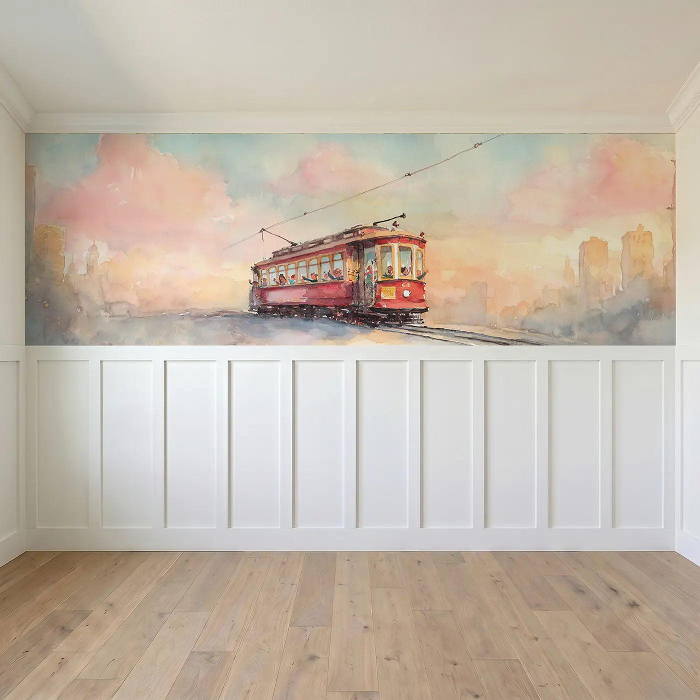 Full panel view of Trolley Car Downtown Morning Wainscoting Wallpaper by Whimsy Tots