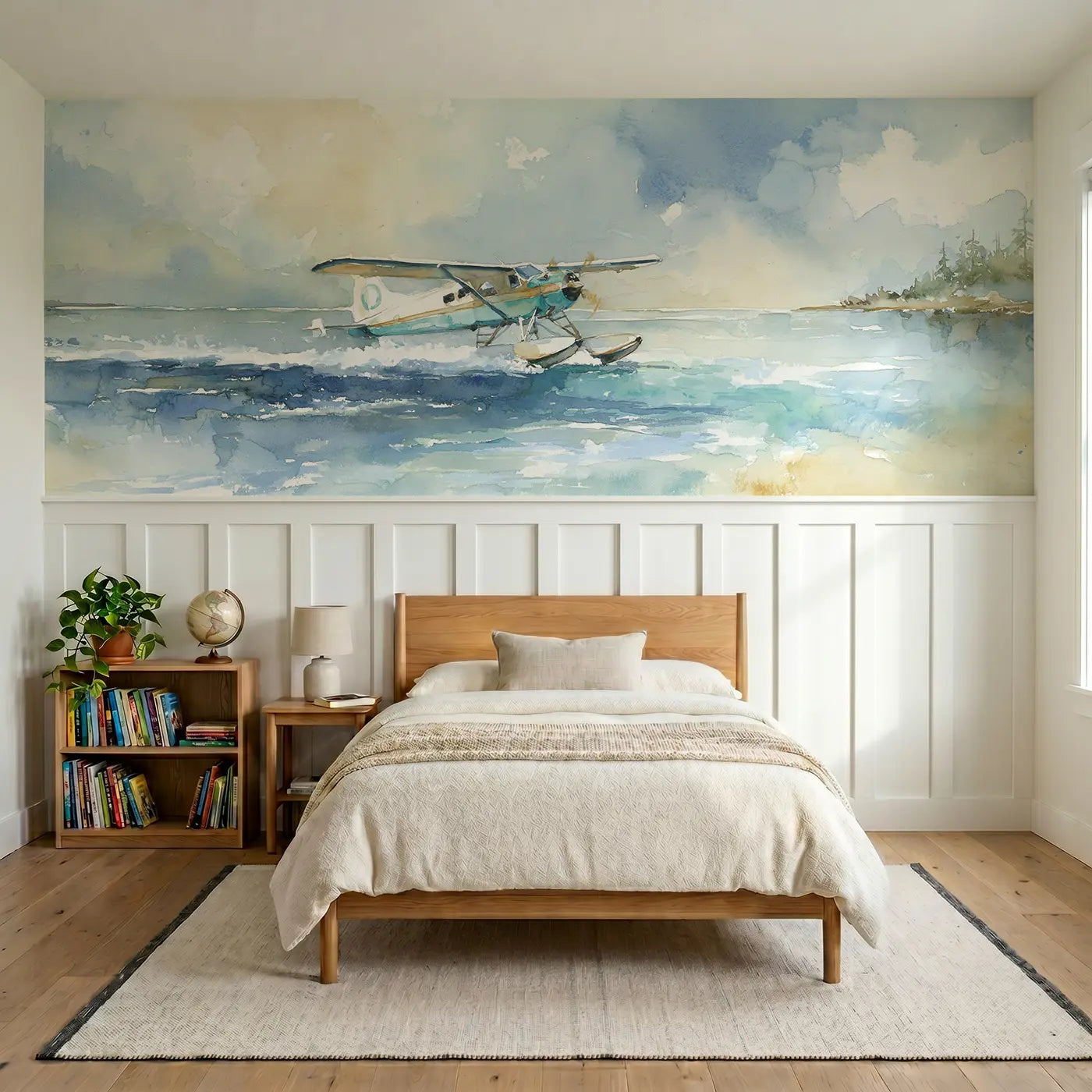 Watercolor seaplane lake touchdown wainscoting wallpaper for bedroom by Whimsy Tots.