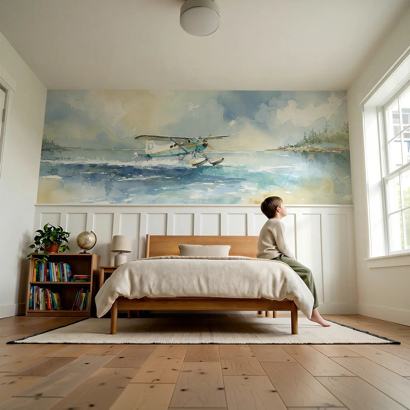 Child reading near Seaplane Lake Touchdown Wainscoting Wallpaper by Whimsy Tots