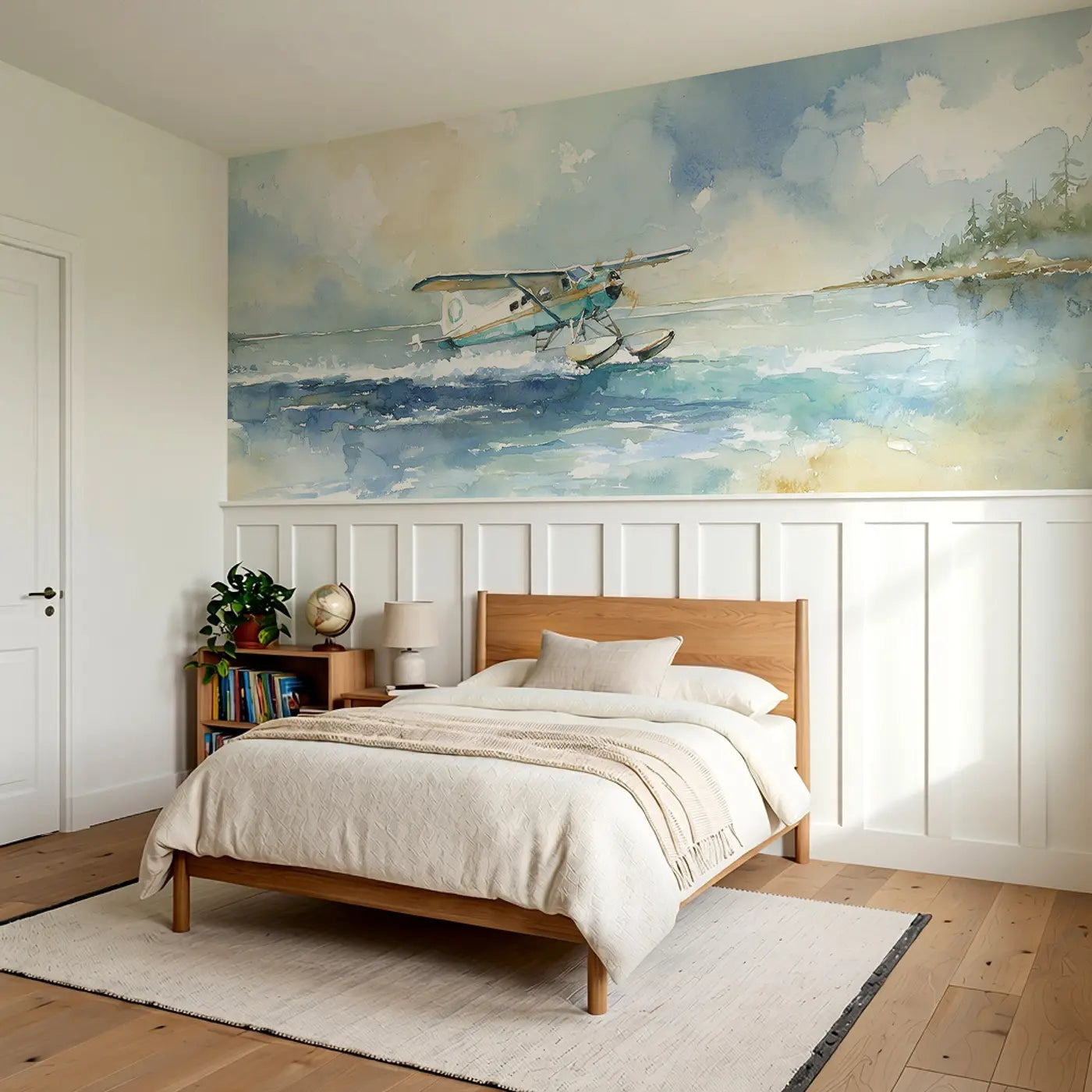 Seaplane Lake Touchdown Wainscoting Wallpaper styled in a kids bedroom by Whimsy Tots