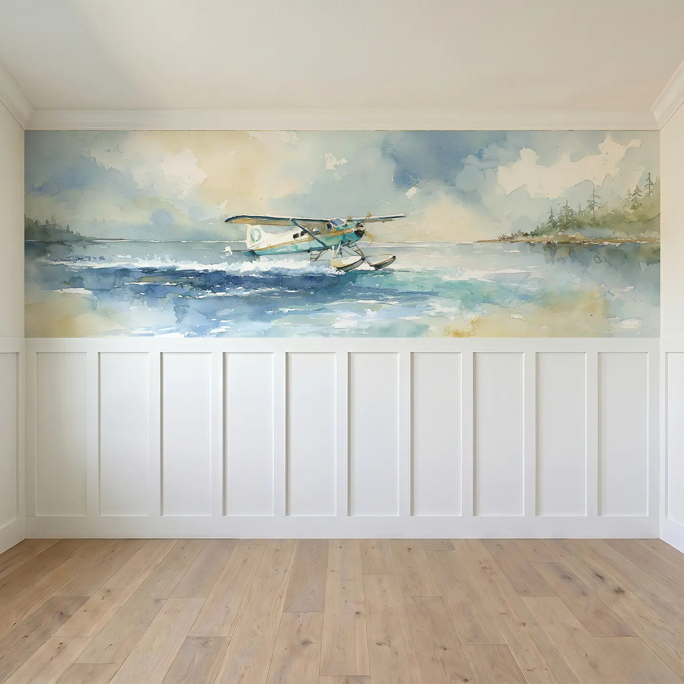 Full panel view of Seaplane Lake Touchdown Wainscoting Wallpaper by Whimsy Tots