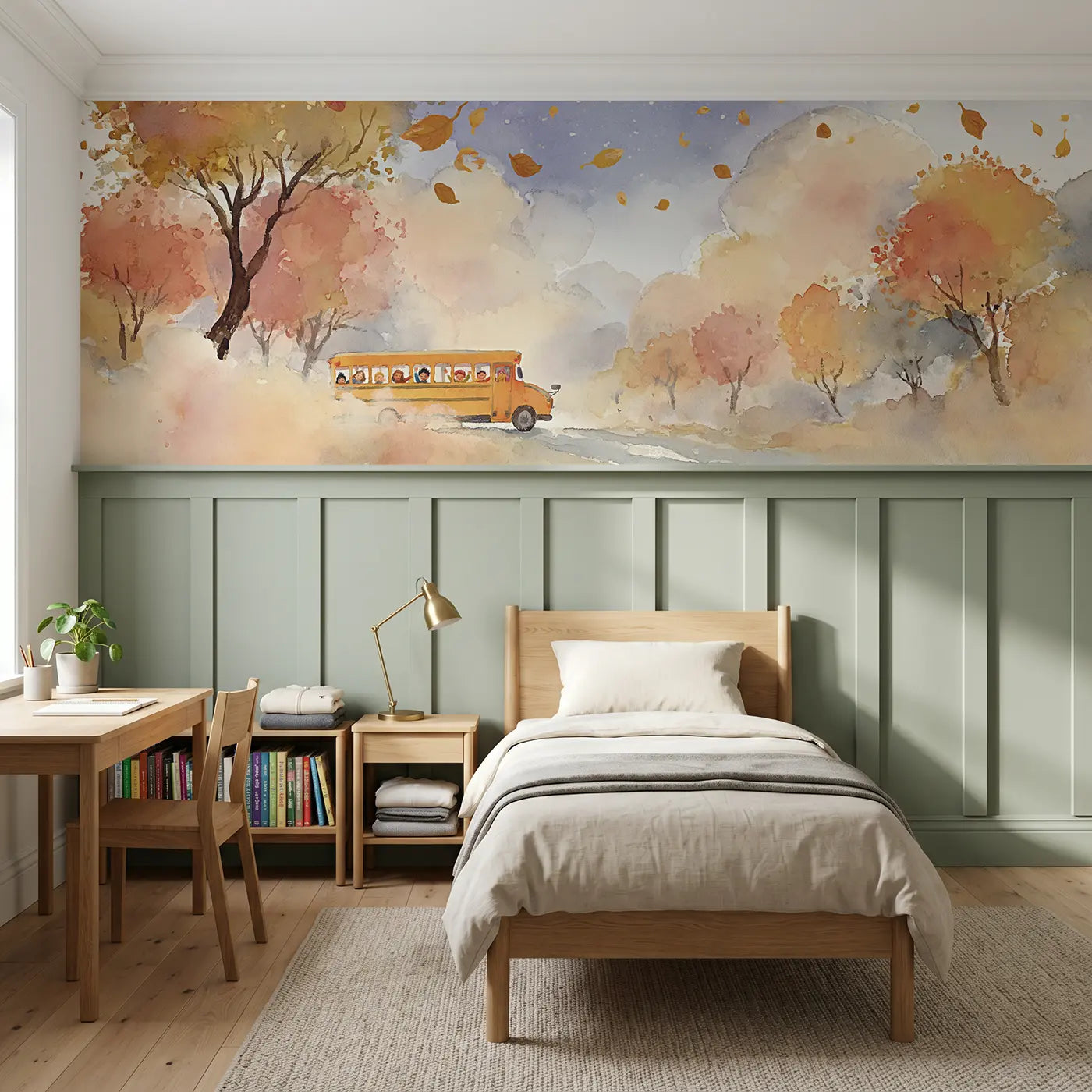 Watercolor school bus autumn wainscoting wallpaper for bedroom by Whimsy Tots.
