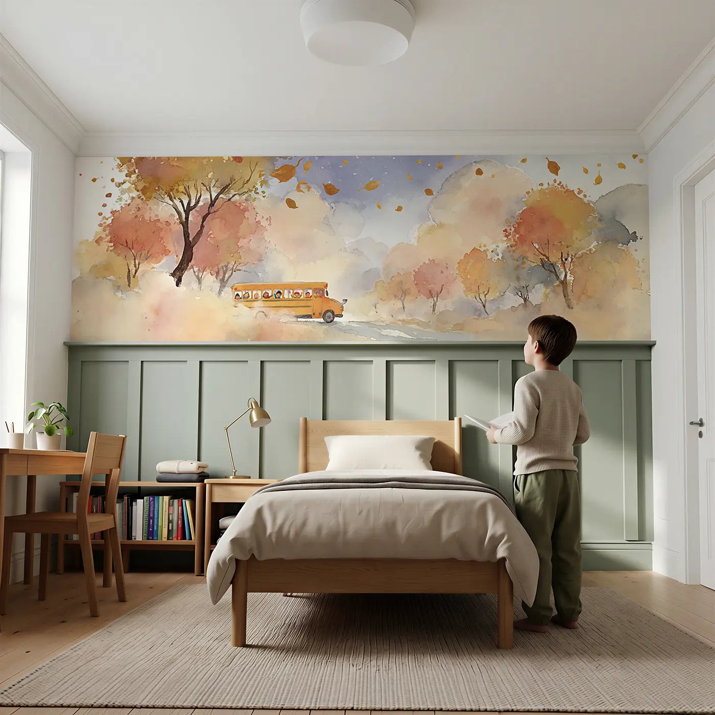 Child reading near Yellow School Bus Autumn Wainscoting Wallpaper by Whimsy Tots