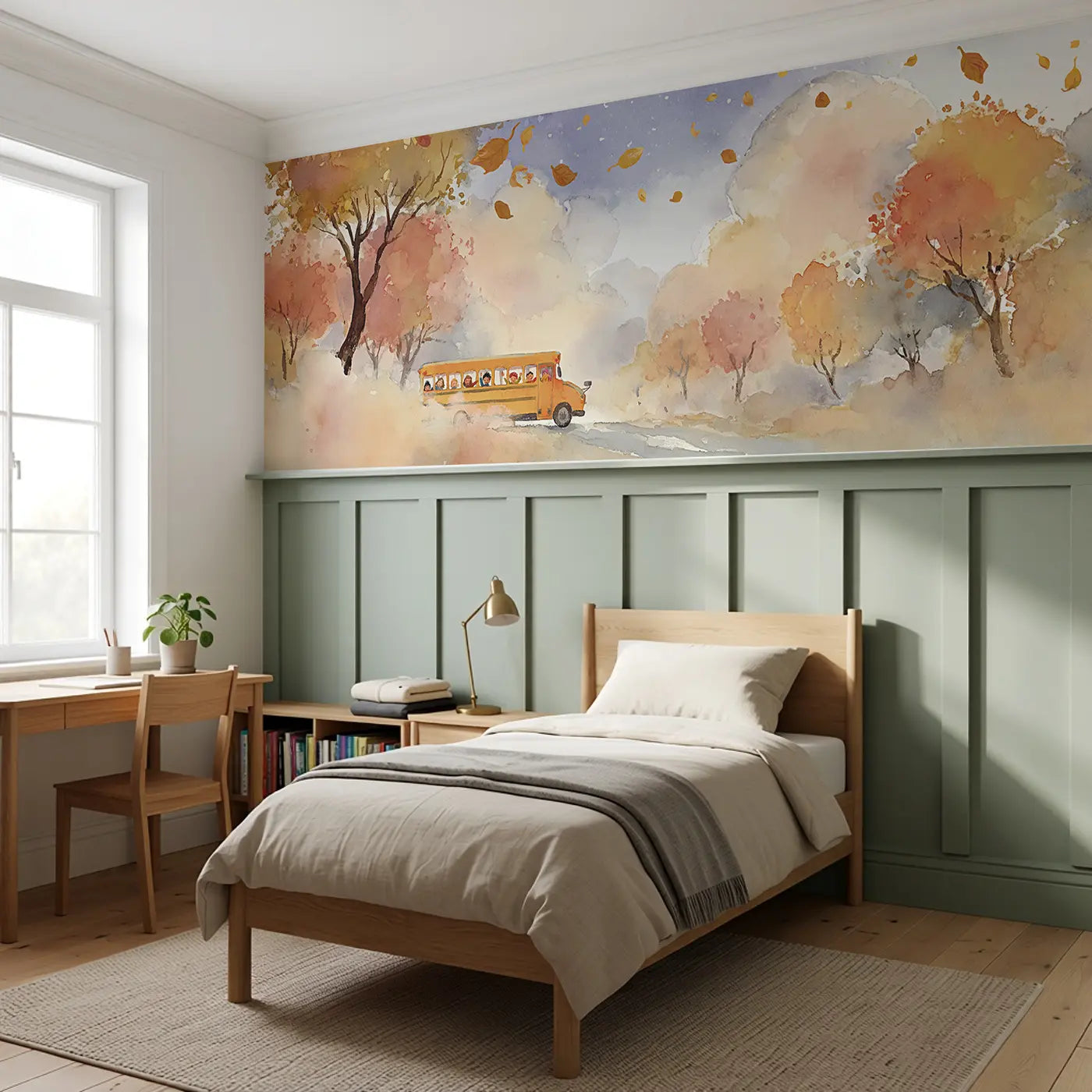 Yellow School Bus Autumn Wainscoting Wallpaper styled in a kids bedroom by Whimsy Tots