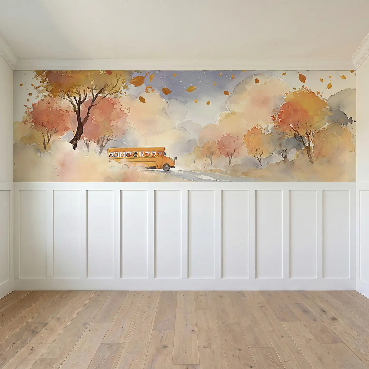 Full panel view of Yellow School Bus Autumn Wainscoting Wallpaper by Whimsy Tots