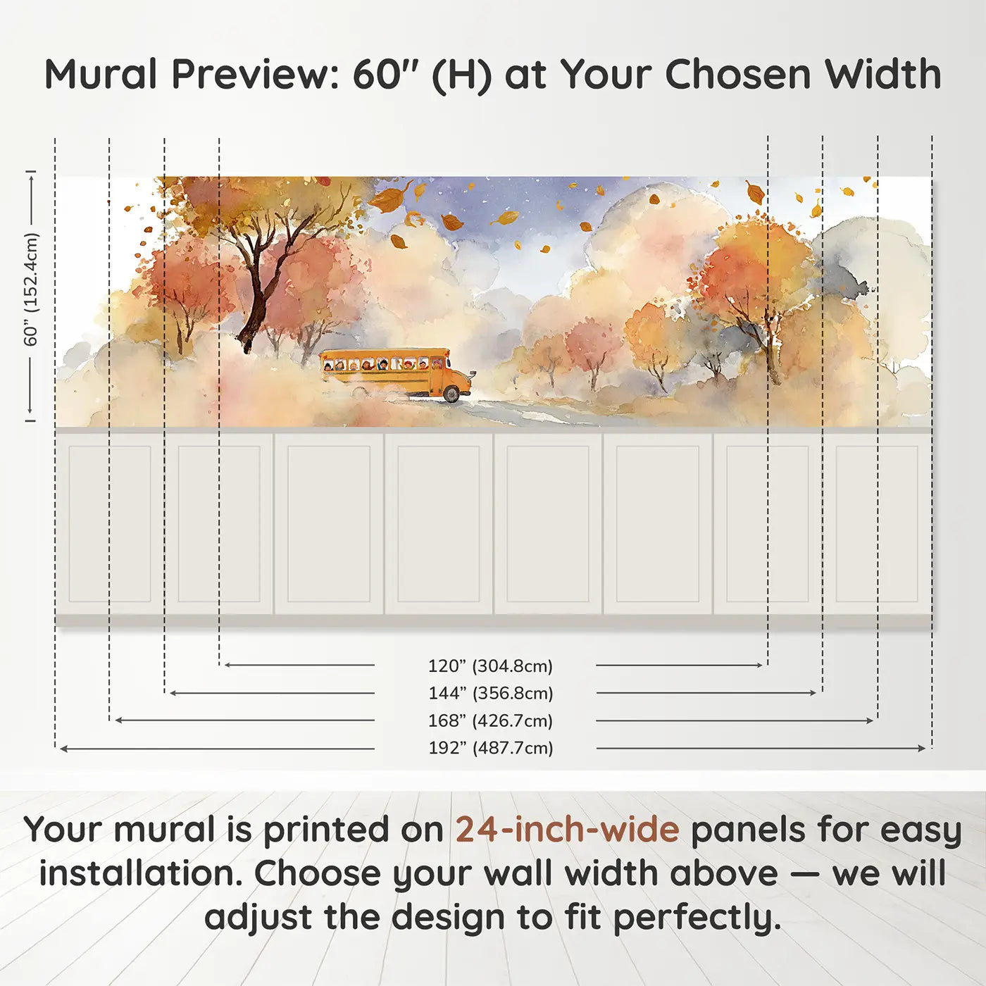 Panel dimensions for Yellow School Bus Autumn Wainscoting Wallpaper by Whimsy Tots