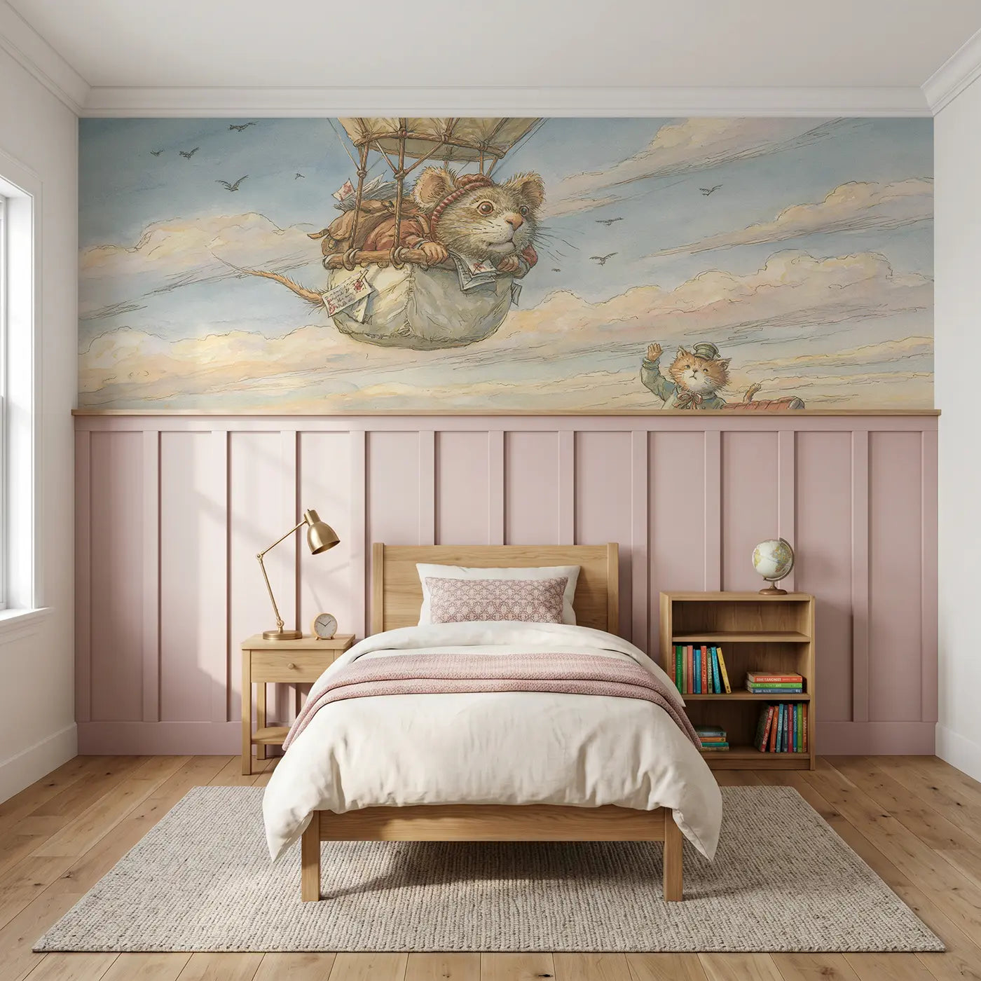 Storybook mouse hot air balloon mail wainscoting wallpaper for bedroom by Whimsy Tots.