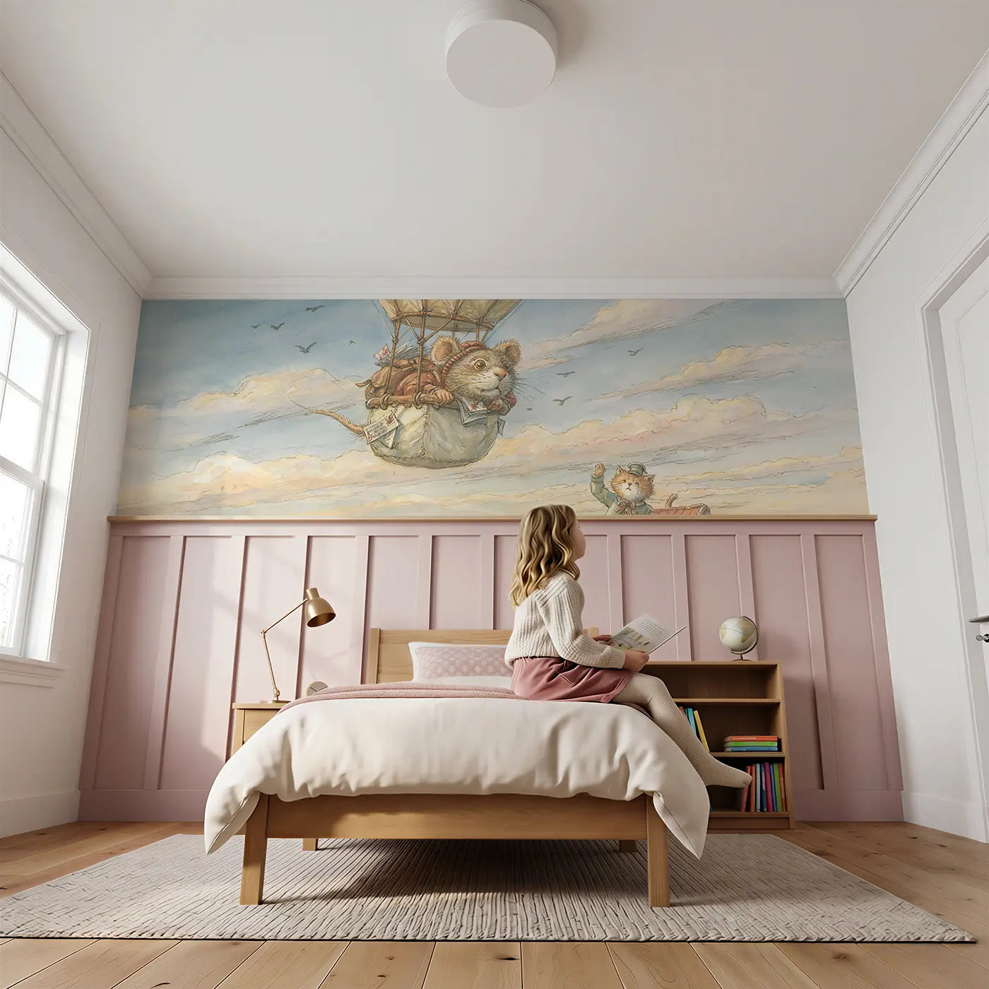 Child reading near Mouse Hot Air Balloon Mail Wainscoting Wallpaper by Whimsy Tots