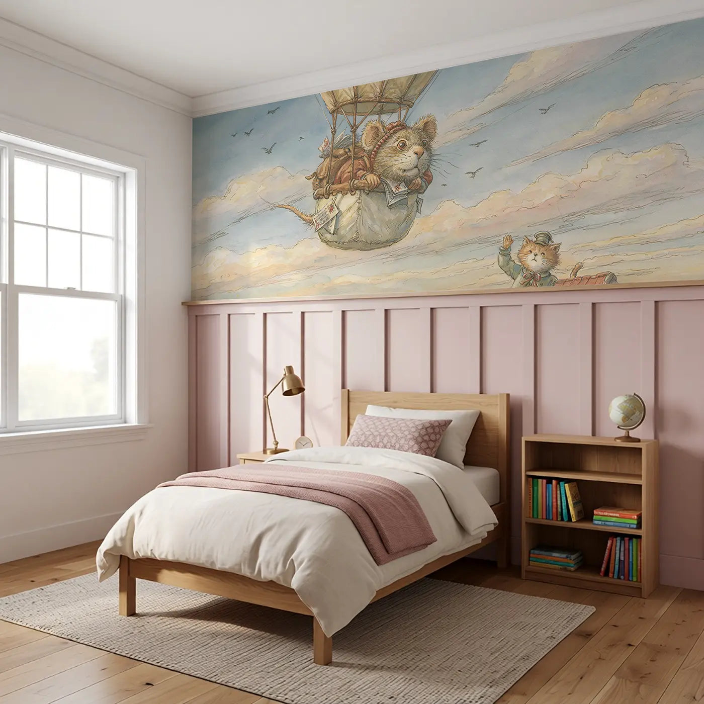 Mouse Hot Air Balloon Mail Wainscoting Wallpaper styled in a kids bedroom by Whimsy Tots