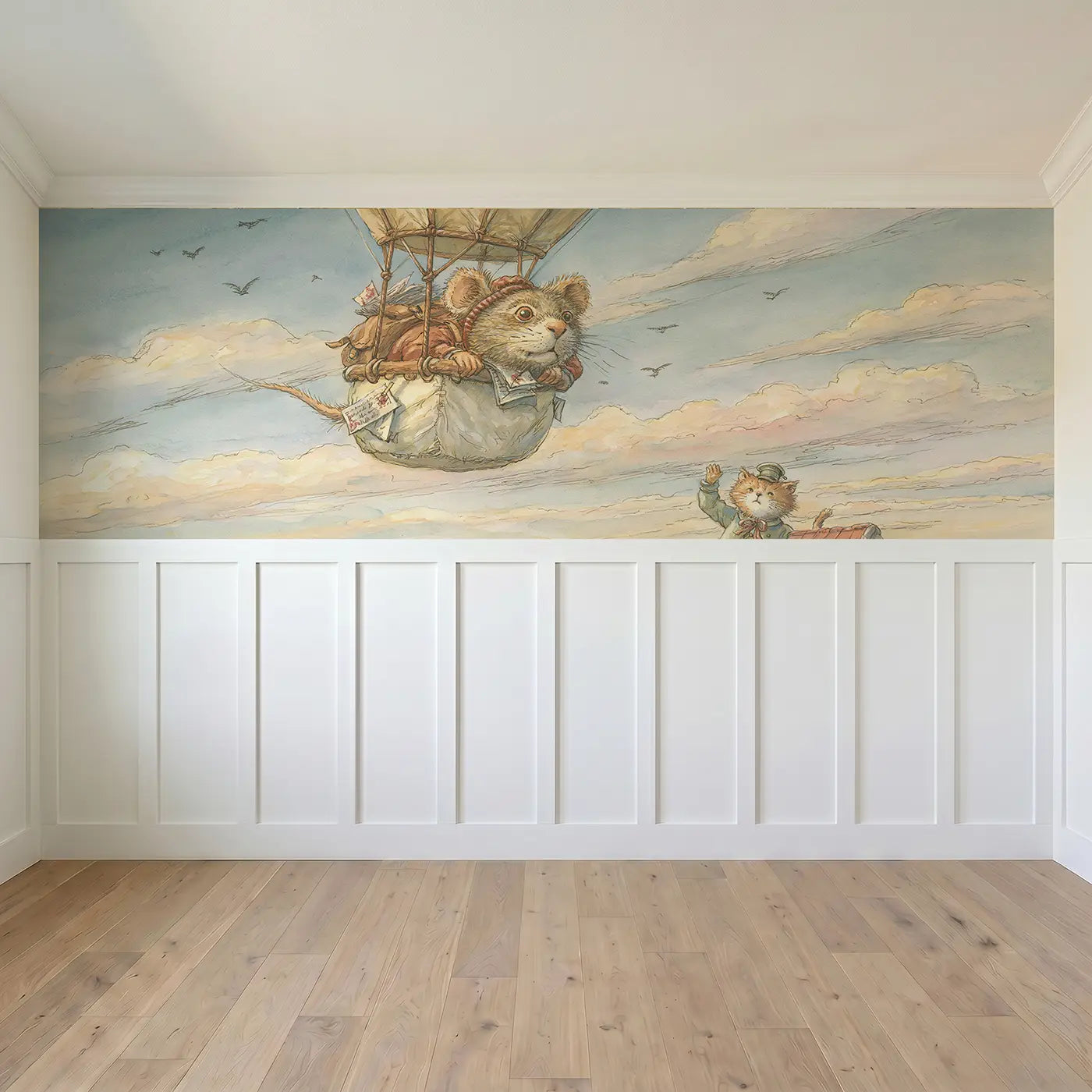 Full panel view of Mouse Hot Air Balloon Mail Wainscoting Wallpaper by Whimsy Tots