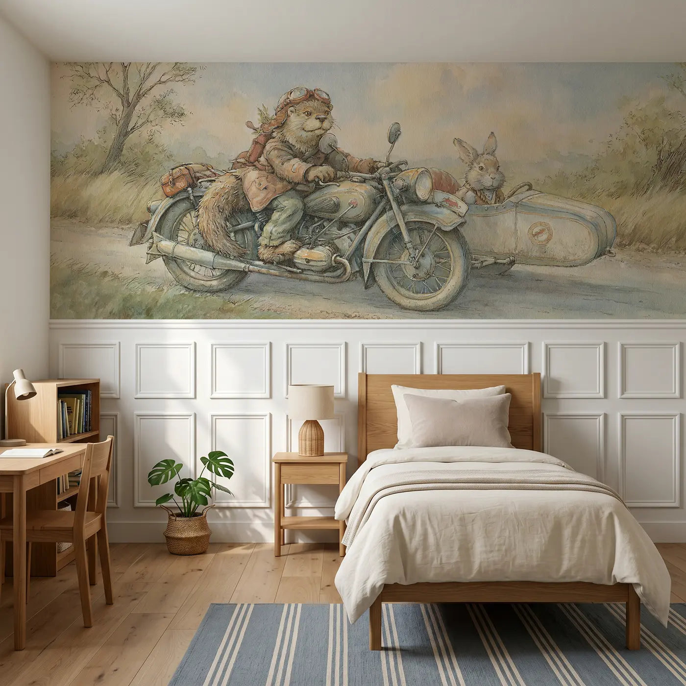 Storybook otter vintage motorcycle road wainscoting wallpaper for bedroom by Whimsy Tots.