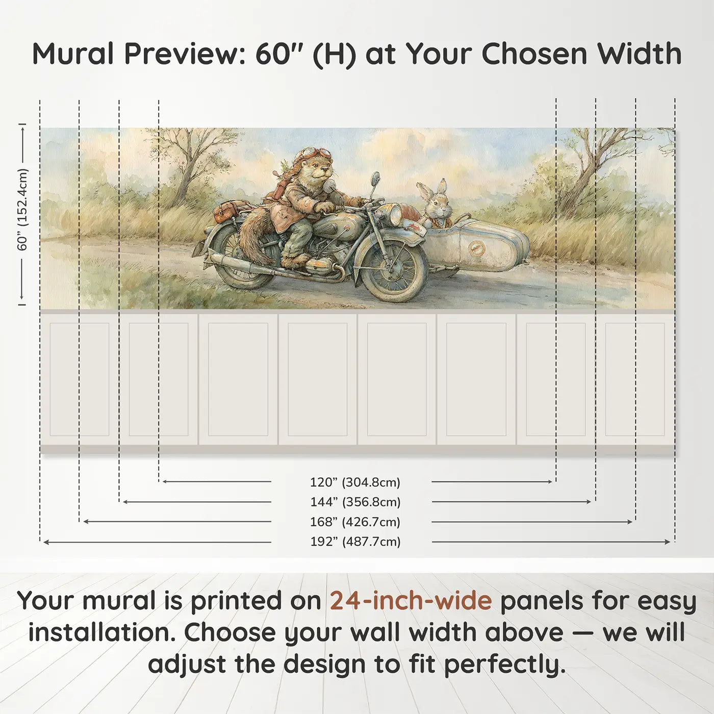 Panel dimensions for Otter Vintage Motorcycle Road Wainscoting Wallpaper by Whimsy Tots