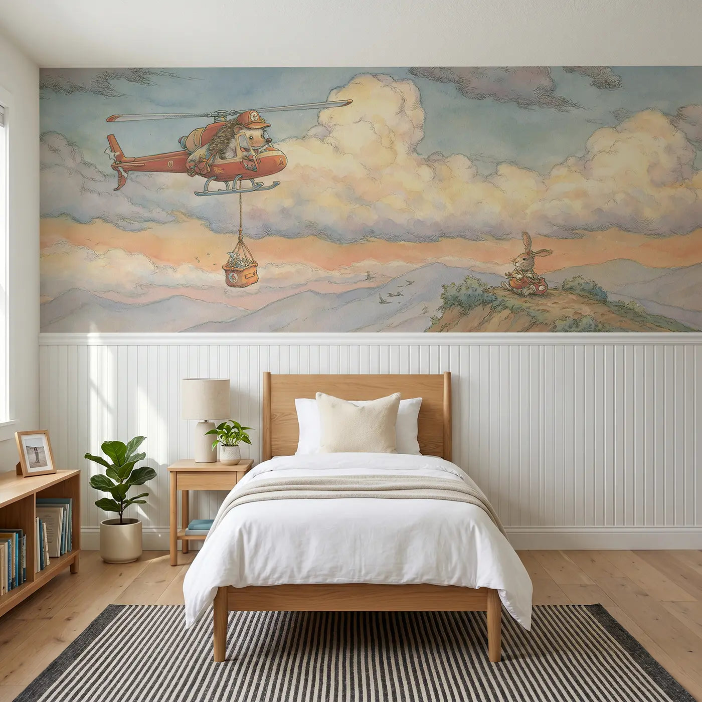 Storybook hedgehog helicopter rescue wainscoting wallpaper for bedroom by Whimsy Tots.