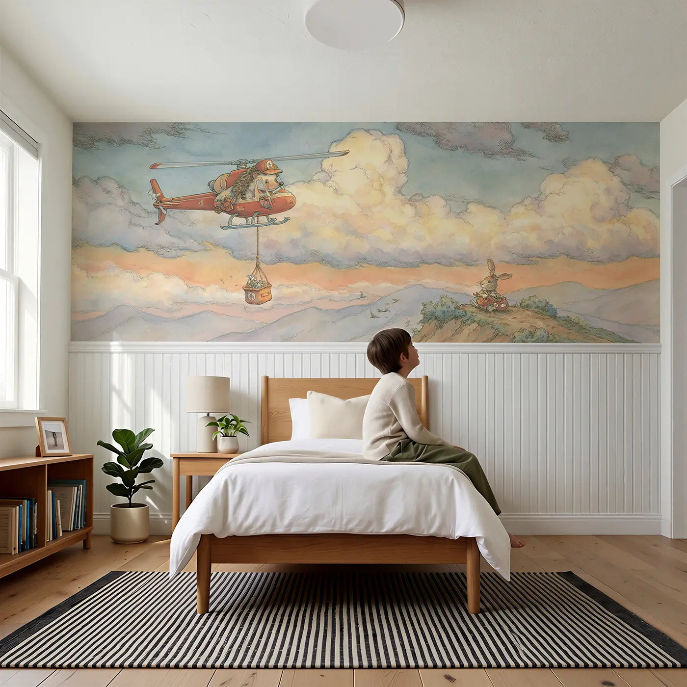 Child reading near Hedgehog Helicopter Rescue Wainscoting Wallpaper by Whimsy Tots