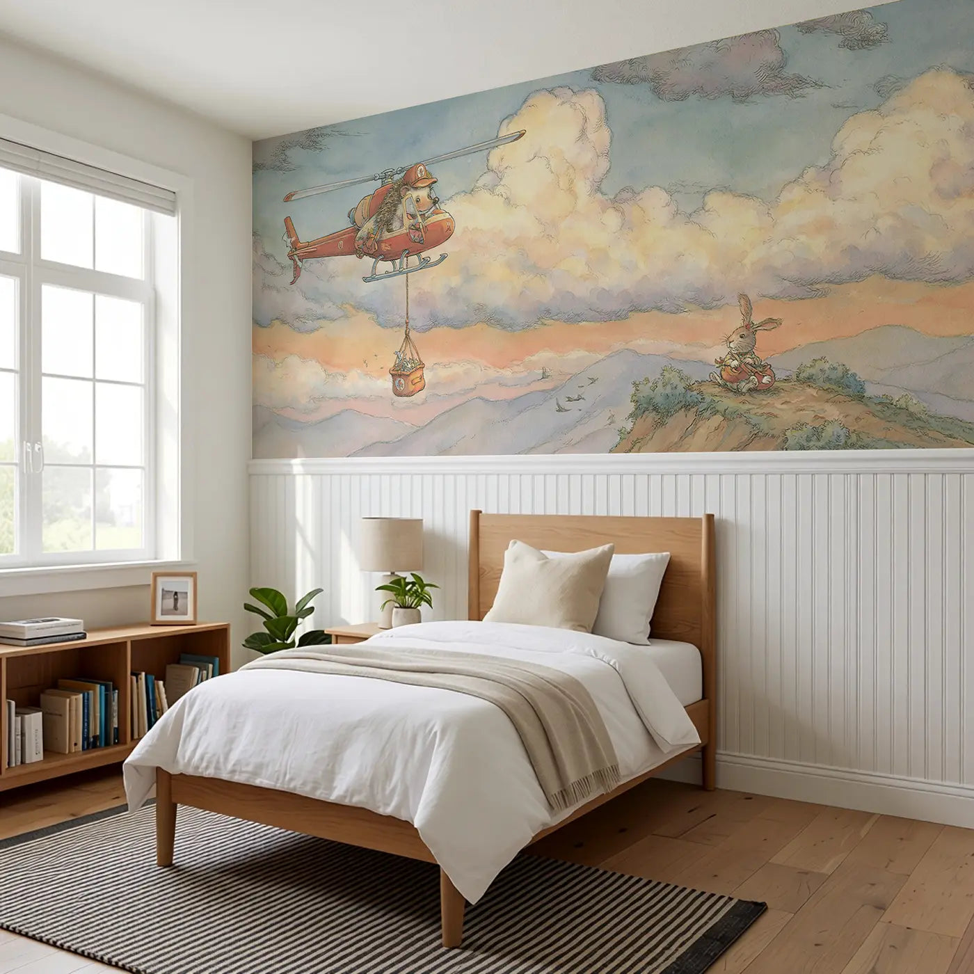 Hedgehog Helicopter Rescue Wainscoting Wallpaper styled in a kids bedroom by Whimsy Tots