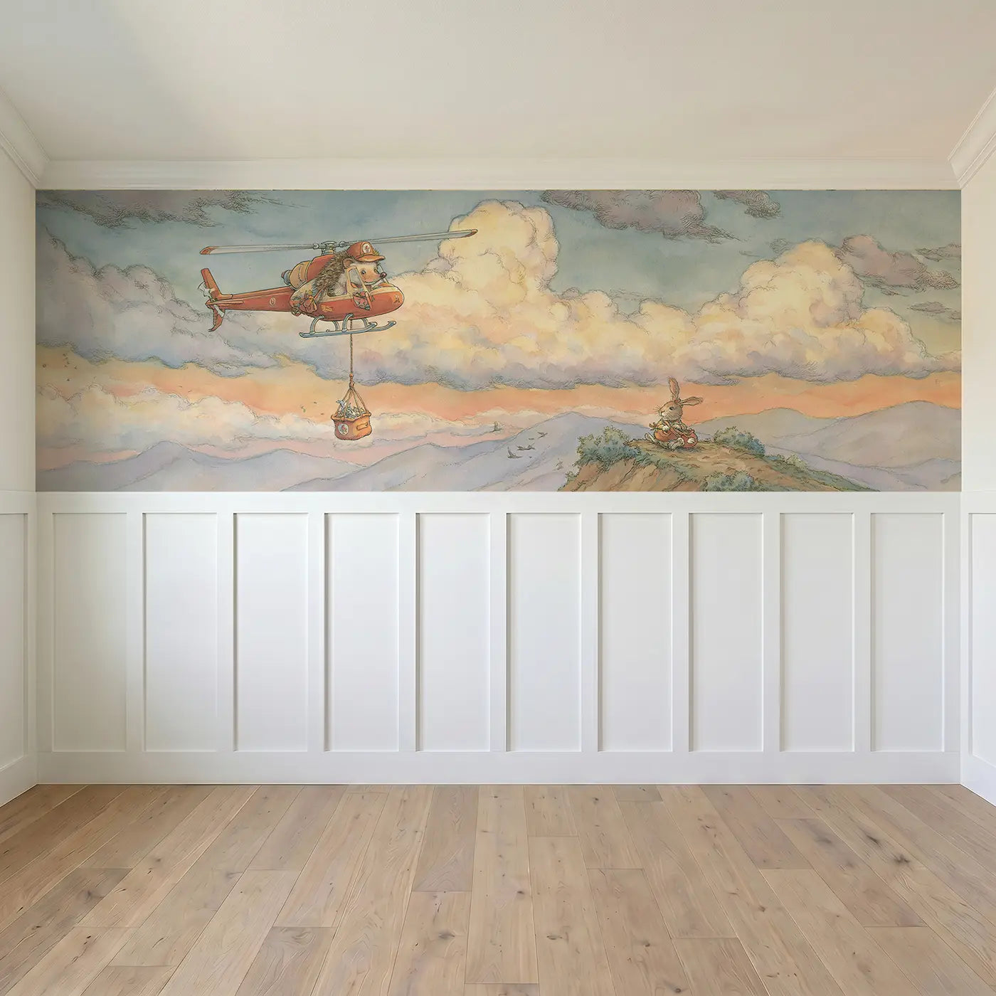 Full panel view of Hedgehog Helicopter Rescue Wainscoting Wallpaper by Whimsy Tots