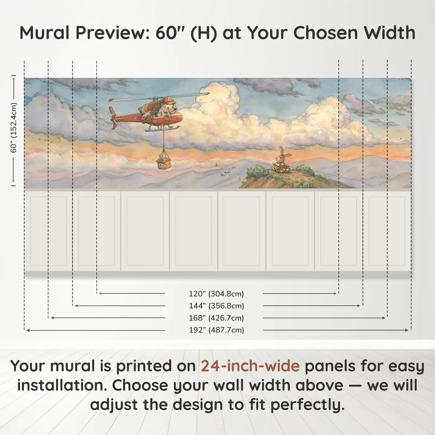 Panel dimensions for Hedgehog Helicopter Rescue Wainscoting Wallpaper by Whimsy Tots